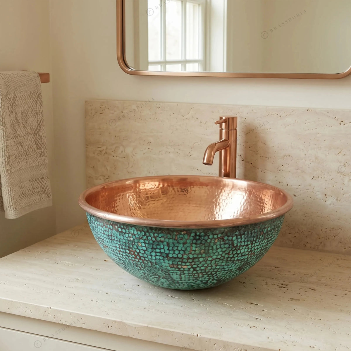 Hammered Dark Green Copper Washbasin – Oxidized Round Sink for Rustic Bathroom Decor - BRASSDORIA