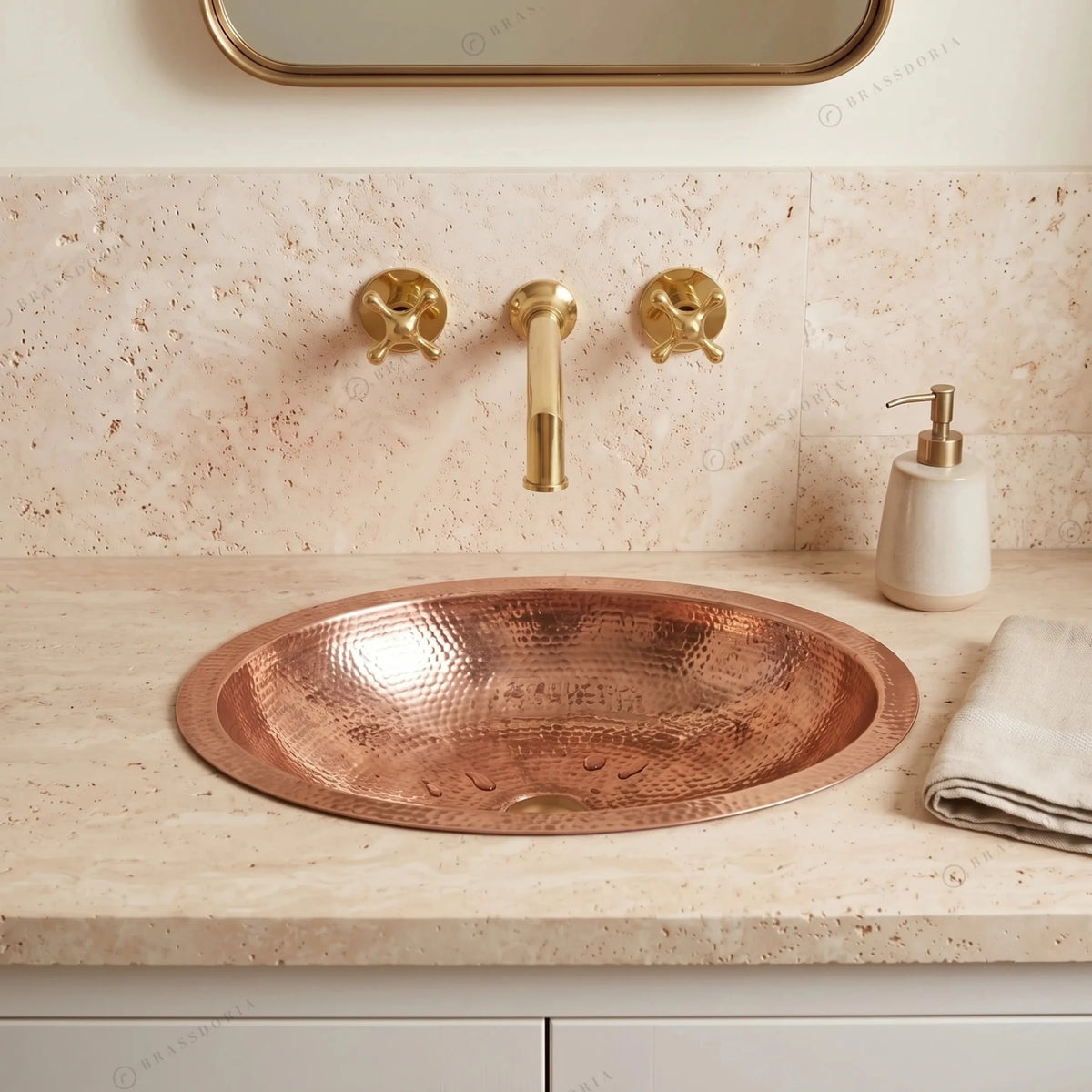 Hammered Oval Copper Vessel Sink – Handmade Drop-In Bathroom Basin - BRASSDORIA