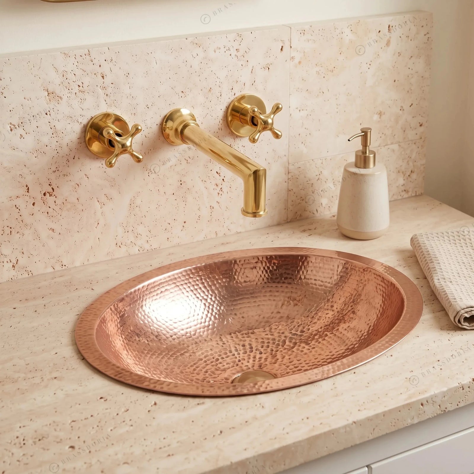 Hammered Oval Copper Vessel Sink – Handmade Drop-In Bathroom Basin - BRASSDORIA