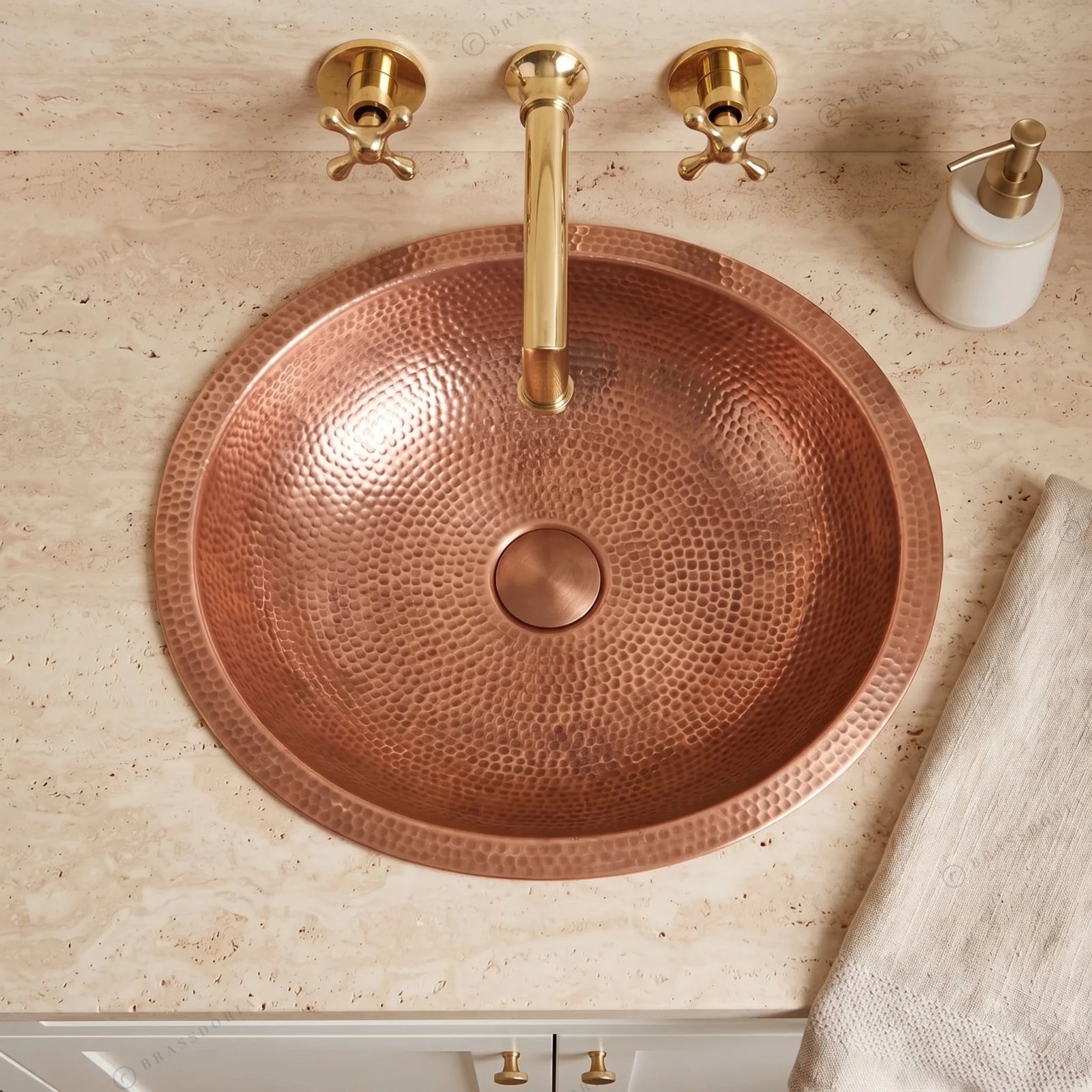 Hammered Oval Copper Vessel Sink – Handmade Drop-In Bathroom Basin - BRASSDORIA