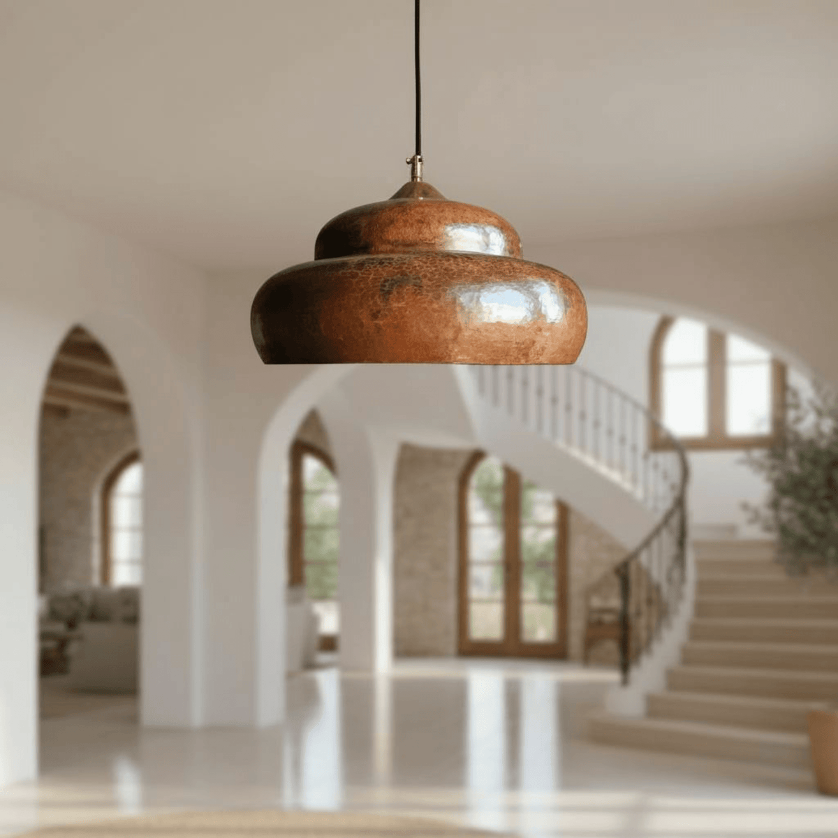 Hammered Solid Copper Pendant – Rustic Dome Ceiling Light for Farmhouse - BRASSDORIA