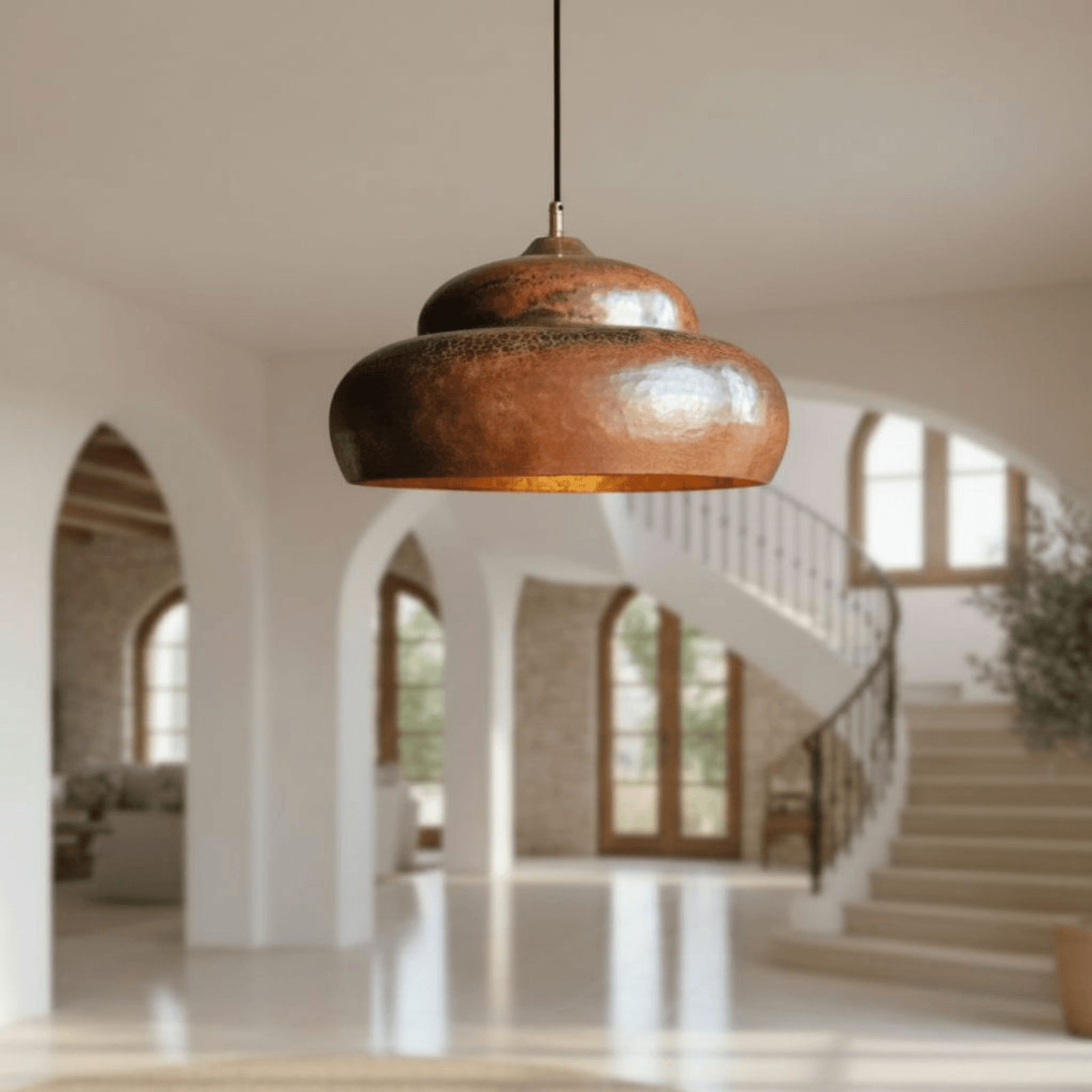 Hammered Solid Copper Pendant – Rustic Dome Ceiling Light for Farmhouse - BRASSDORIA