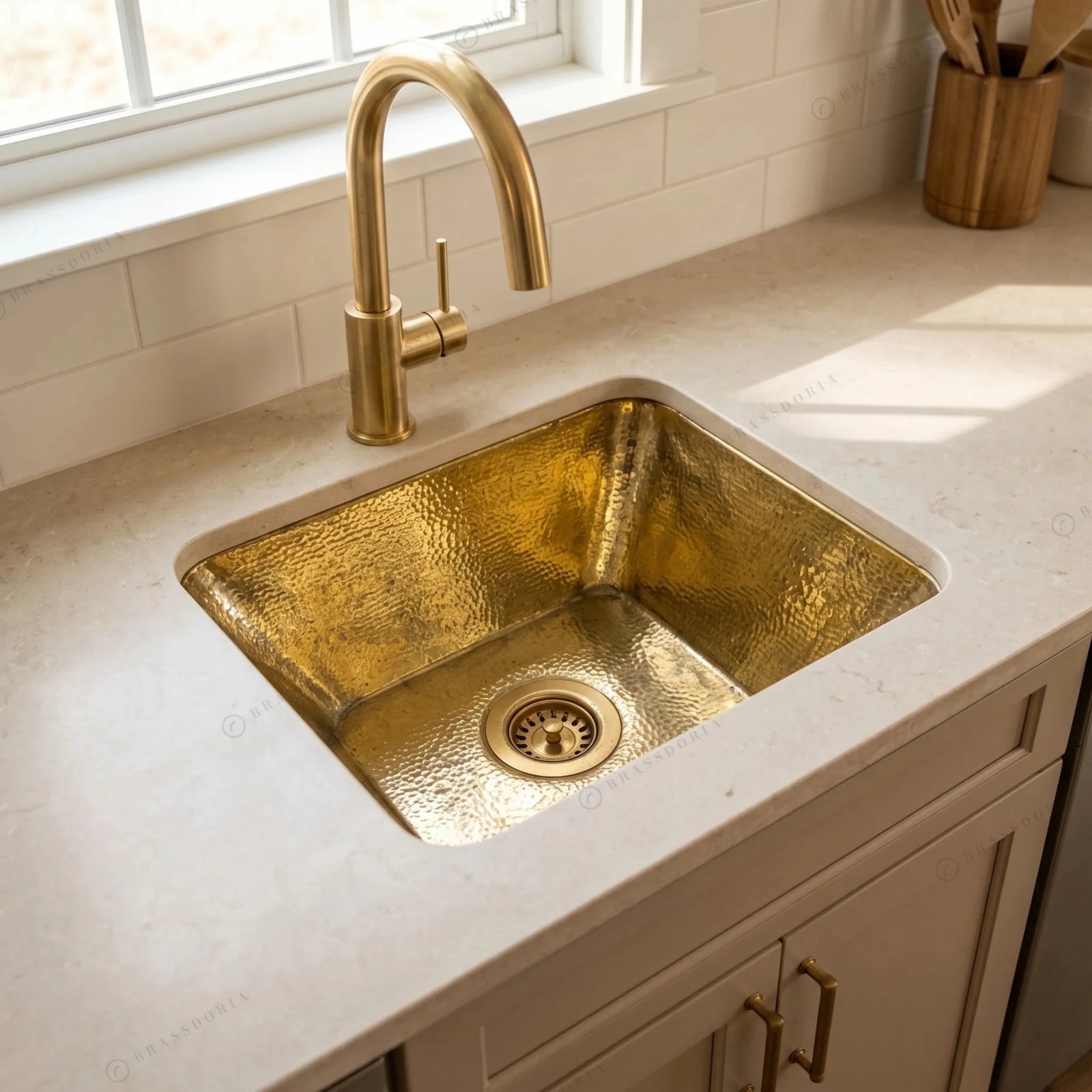 Hammered Unlacquered Brass Bar Sink – Square Drop-In Prep Basin - BRASSDORIA