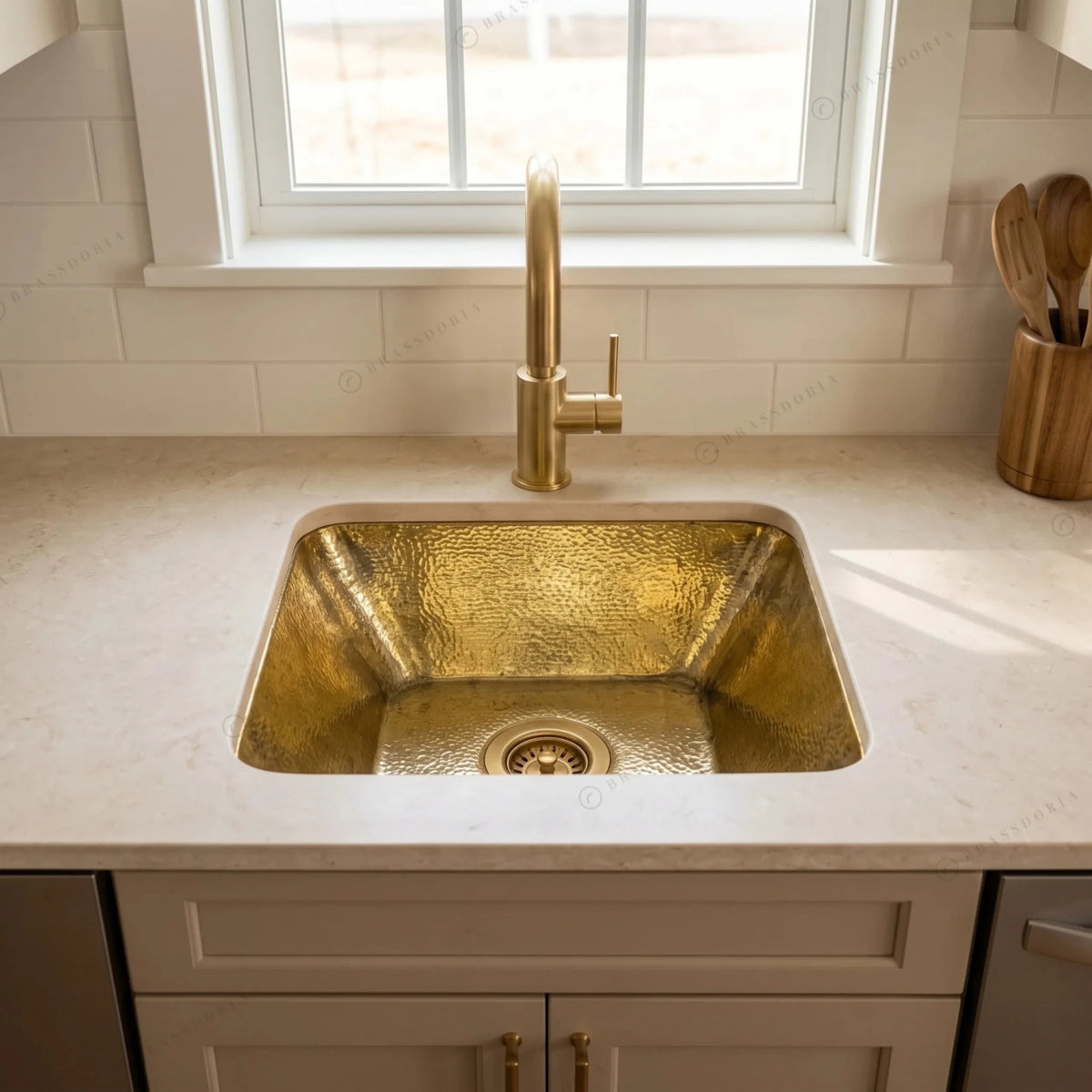 Hammered Unlacquered Brass Bar Sink – Square Drop-In Prep Basin - BRASSDORIA
