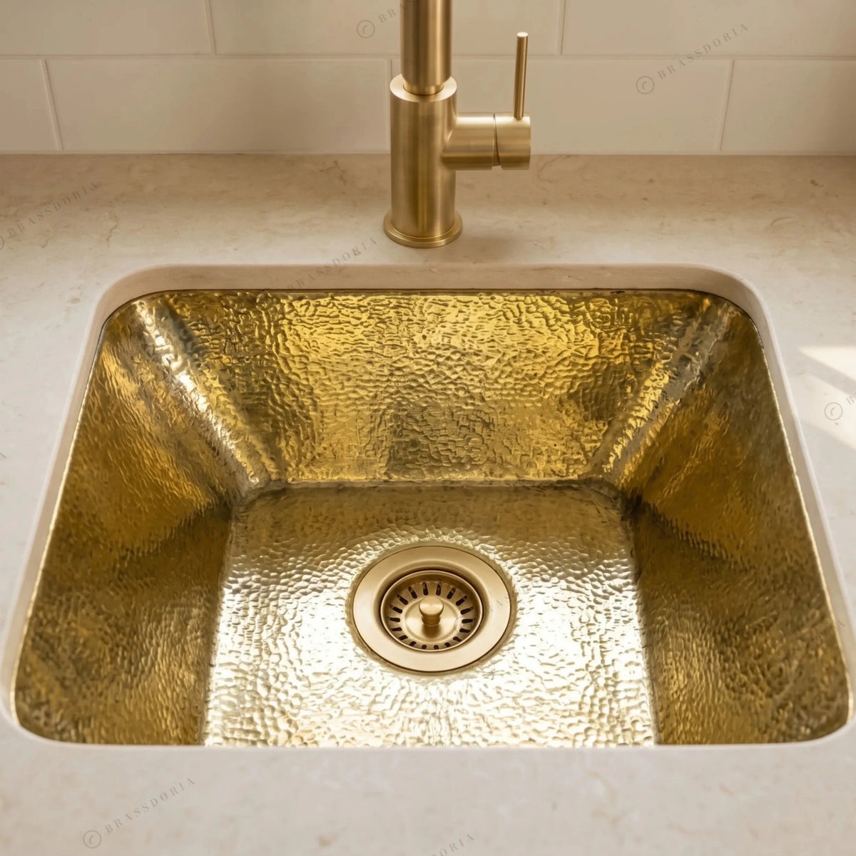 Hammered Unlacquered Brass Bar Sink – Square Drop-In Prep Basin - BRASSDORIA