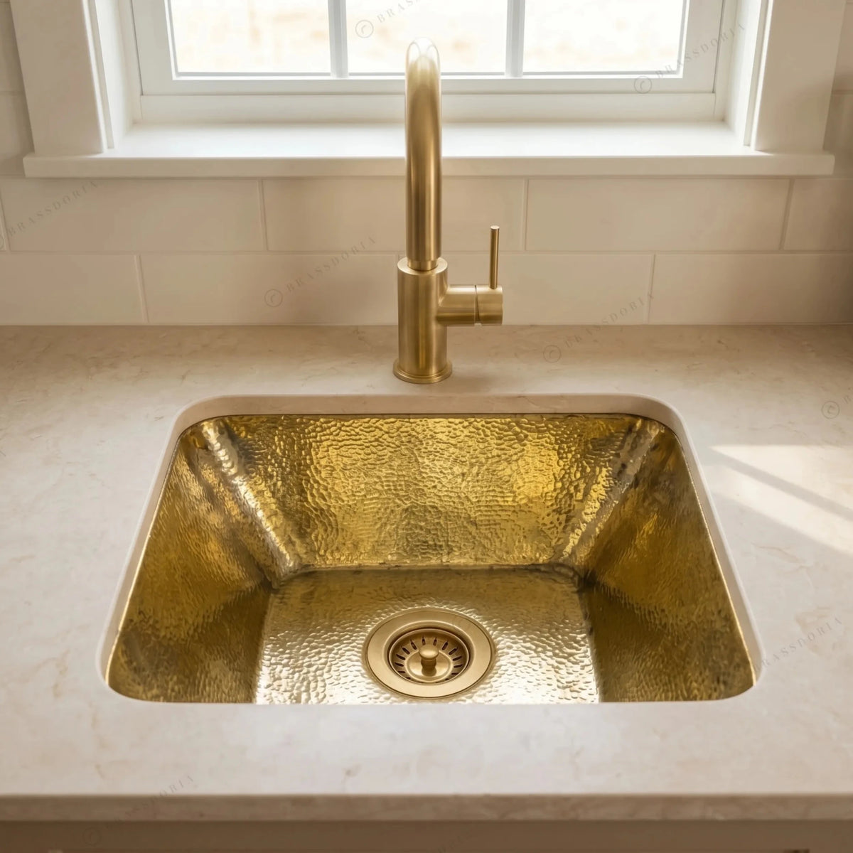 Hammered Unlacquered Brass Bar Sink – Square Drop-In Prep Basin - BRASSDORIA