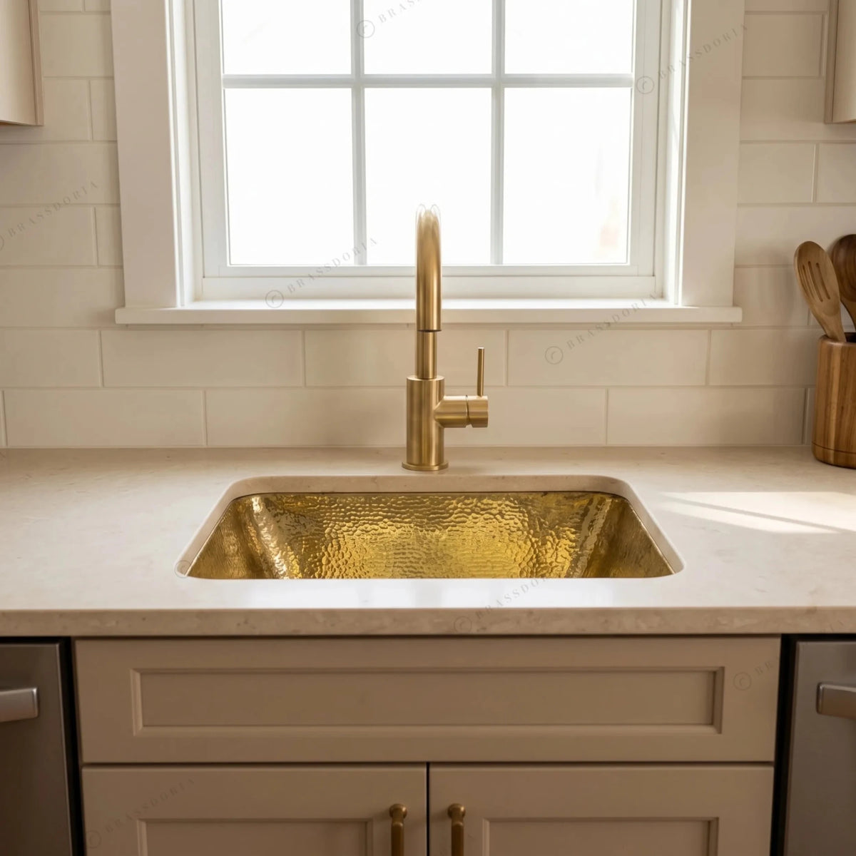 Hammered Unlacquered Brass Bar Sink – Square Drop-In Prep Basin - BRASSDORIA
