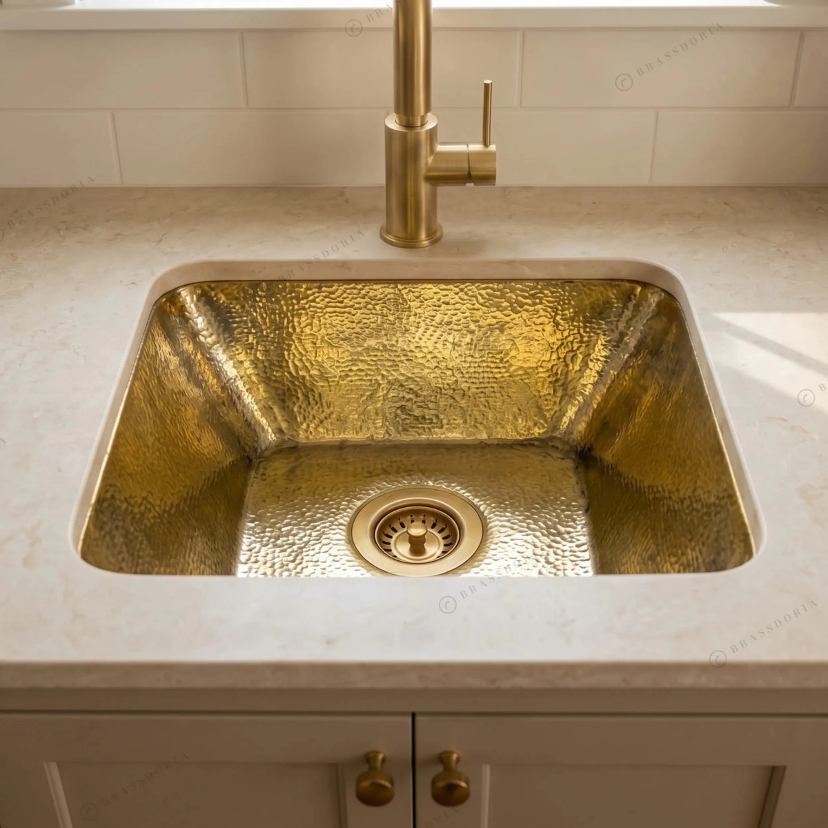 Hammered Unlacquered Brass Bar Sink – Square Drop-In Prep Basin - BRASSDORIA