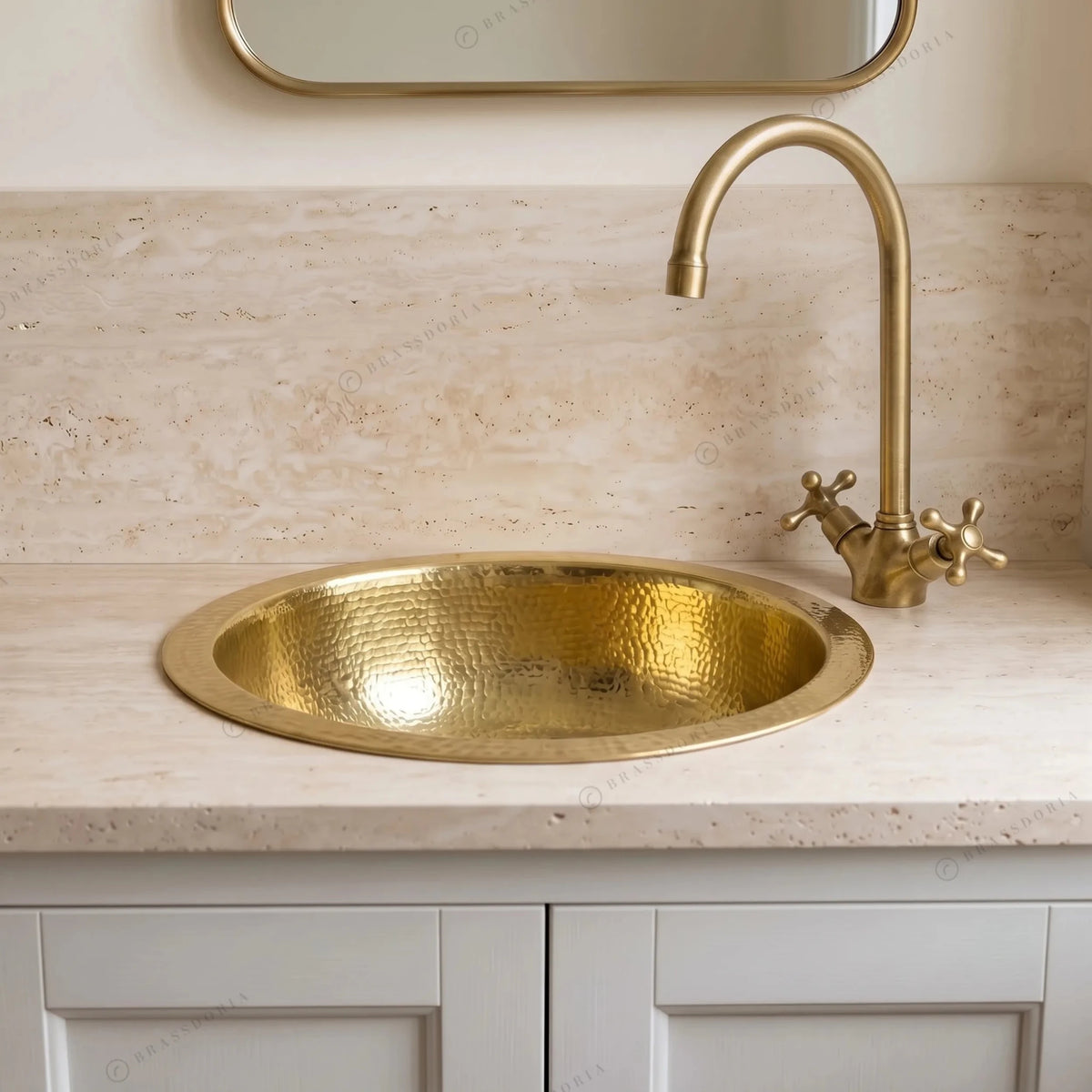 Hammered Unlacquered Brass Round Bar Sink – Round Brass Prep Sink - BRASSDORIA
