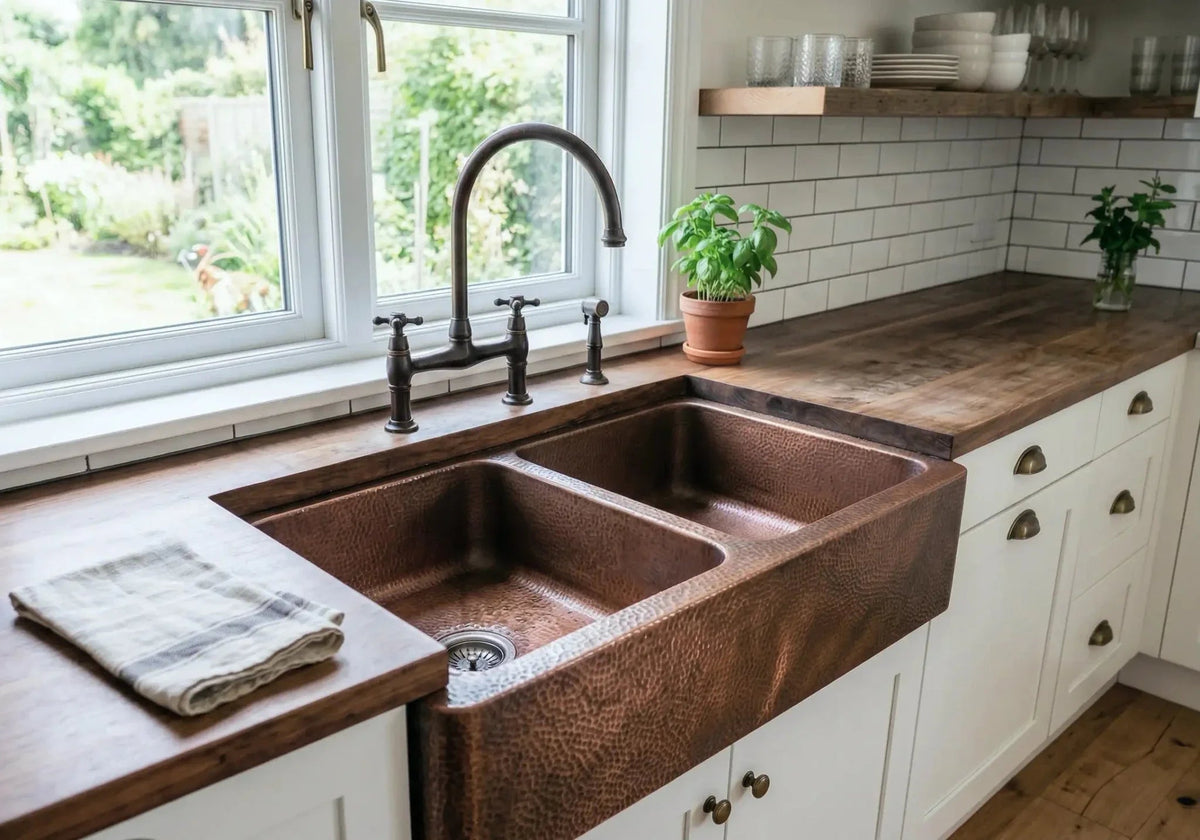 Hand-Hammered Copper Double Bowl Farmhouse Sink, Antique Moroccan Apron-Front Kitchen Basin - BRASSDORIA