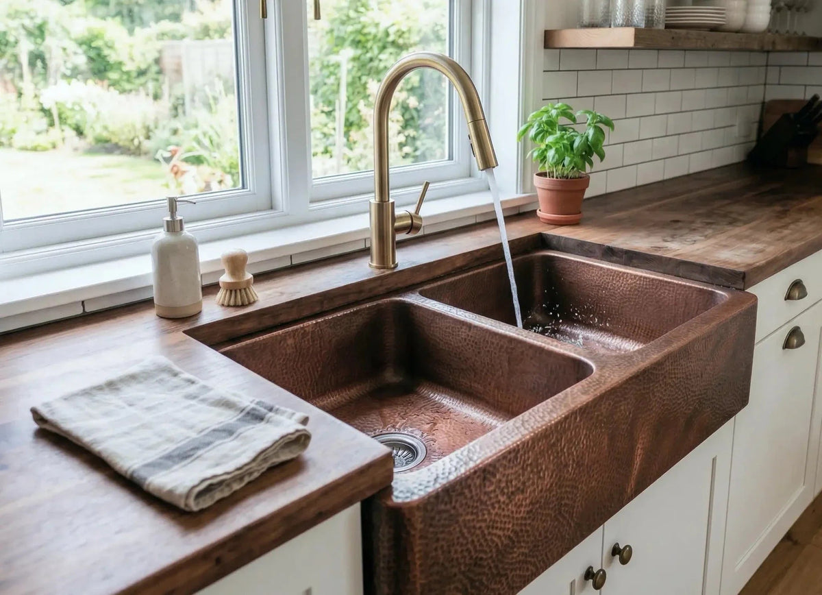 Hand-Hammered Copper Double Bowl Farmhouse Sink, Antique Moroccan Apron-Front Kitchen Basin - BRASSDORIA
