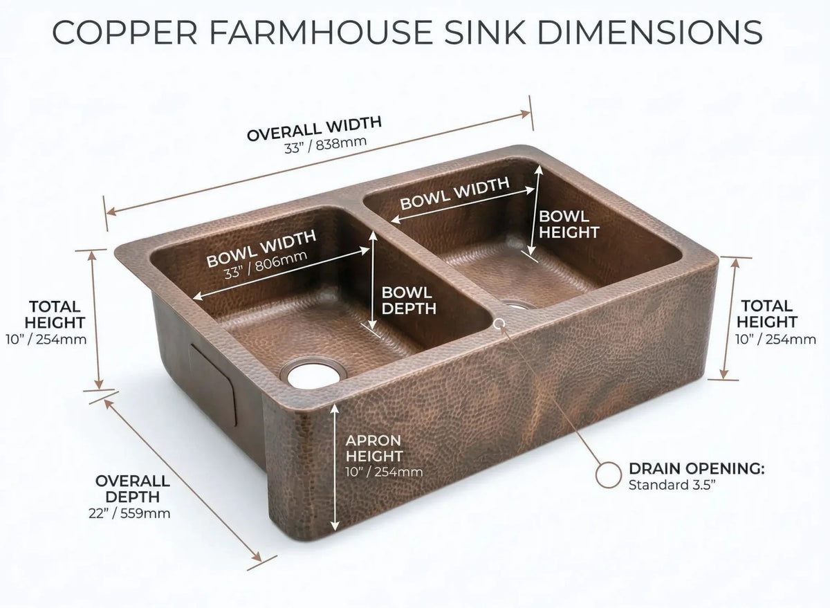 Hand-Hammered Copper Double Bowl Farmhouse Sink, Antique Moroccan Apron-Front Kitchen Basin - BRASSDORIA
