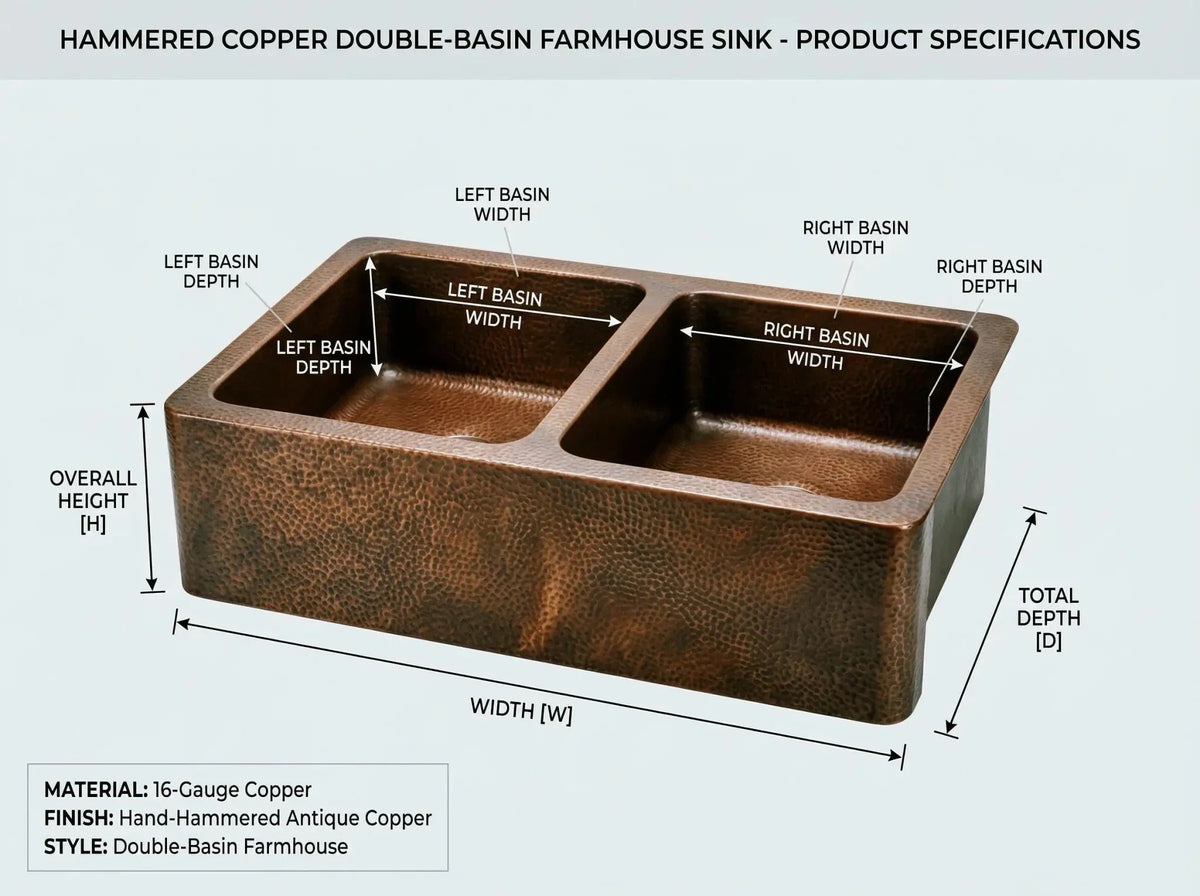 Hand-Hammered Copper Double Bowl Farmhouse Sink, Antique Moroccan Apron-Front Kitchen Basin - BRASSDORIA