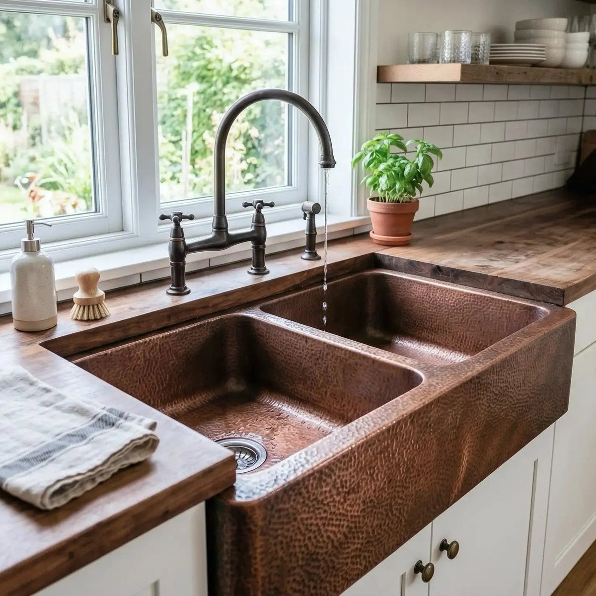 Hand-Hammered Copper Double Bowl Farmhouse Sink, Antique Moroccan Apron-Front Kitchen Basin - BRASSDORIA