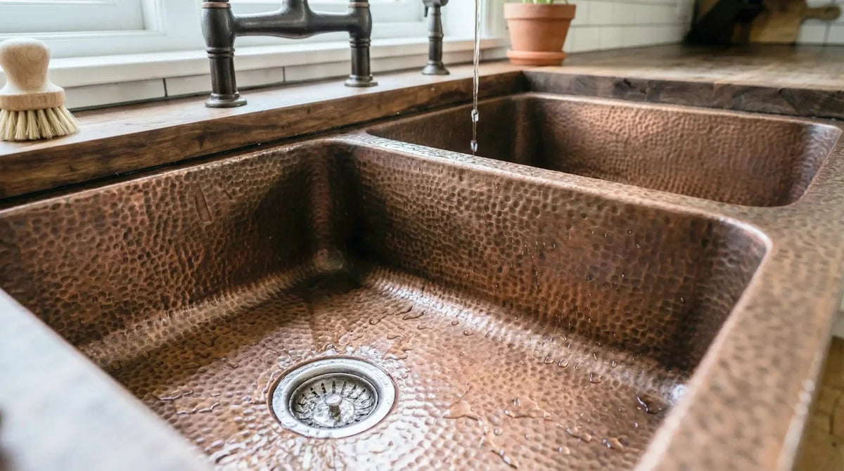 Hand-Hammered Copper Double Bowl Farmhouse Sink, Antique Moroccan Apron-Front Kitchen Basin - BRASSDORIA