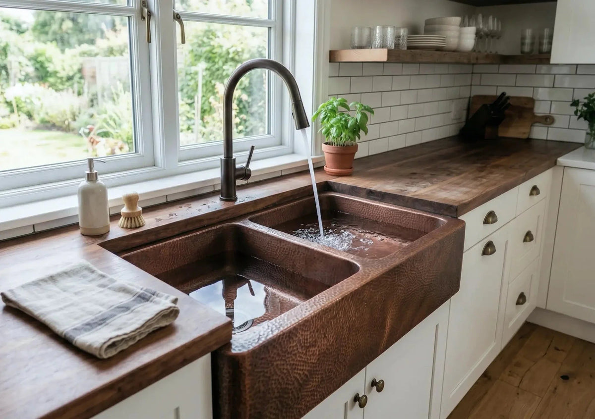 Hand-Hammered Copper Double Bowl Farmhouse Sink, Antique Moroccan Apron-Front Kitchen Basin - BRASSDORIA