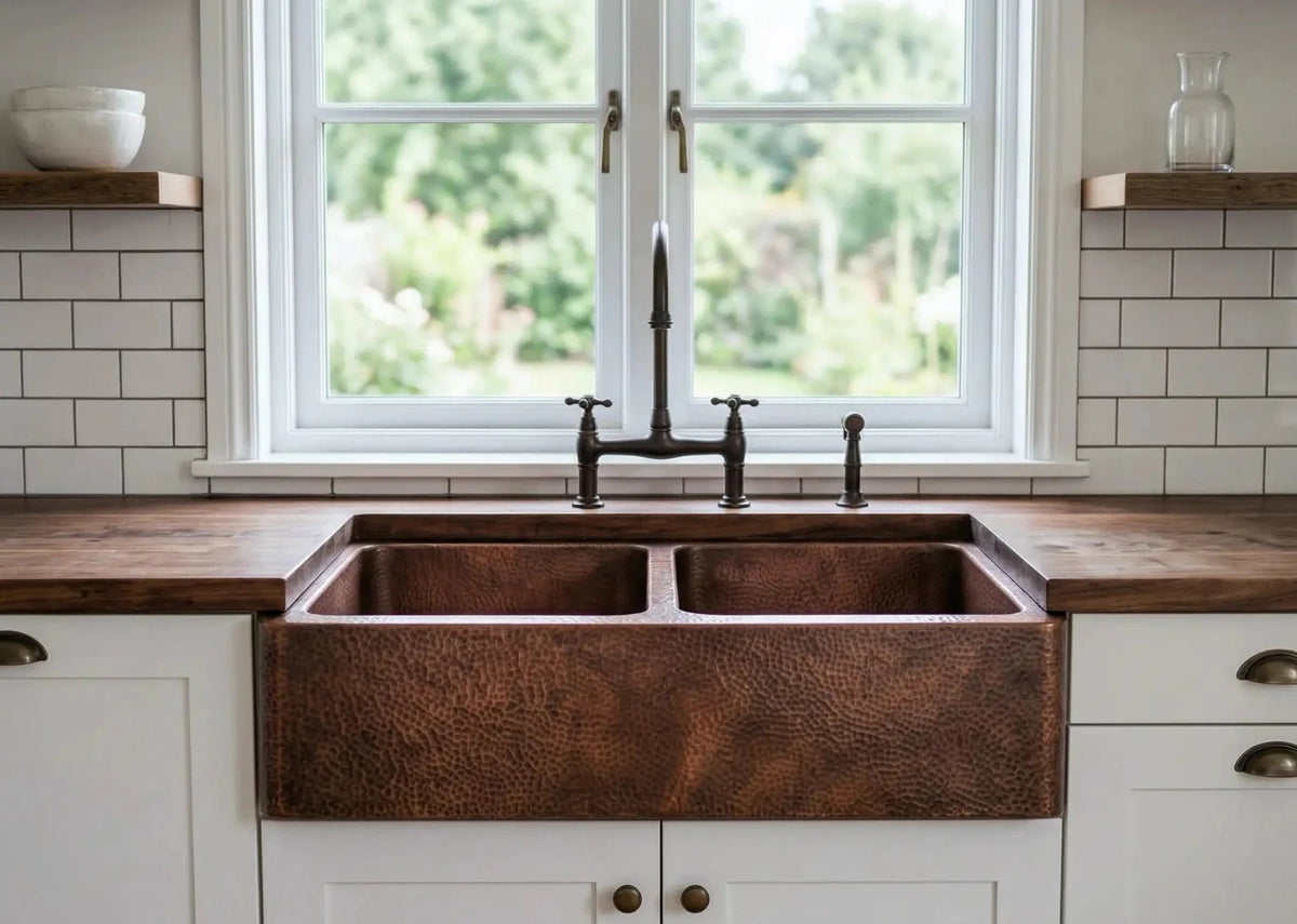 Hand-Hammered Copper Double Bowl Farmhouse Sink, Antique Moroccan Apron-Front Kitchen Basin - BRASSDORIA