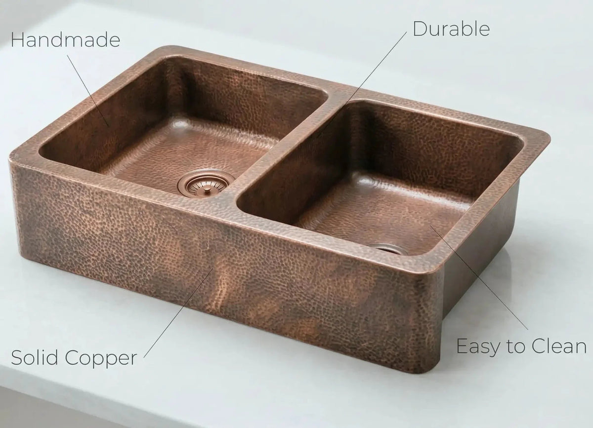 Hand-Hammered Copper Double Bowl Farmhouse Sink, Antique Moroccan Apron-Front Kitchen Basin - BRASSDORIA