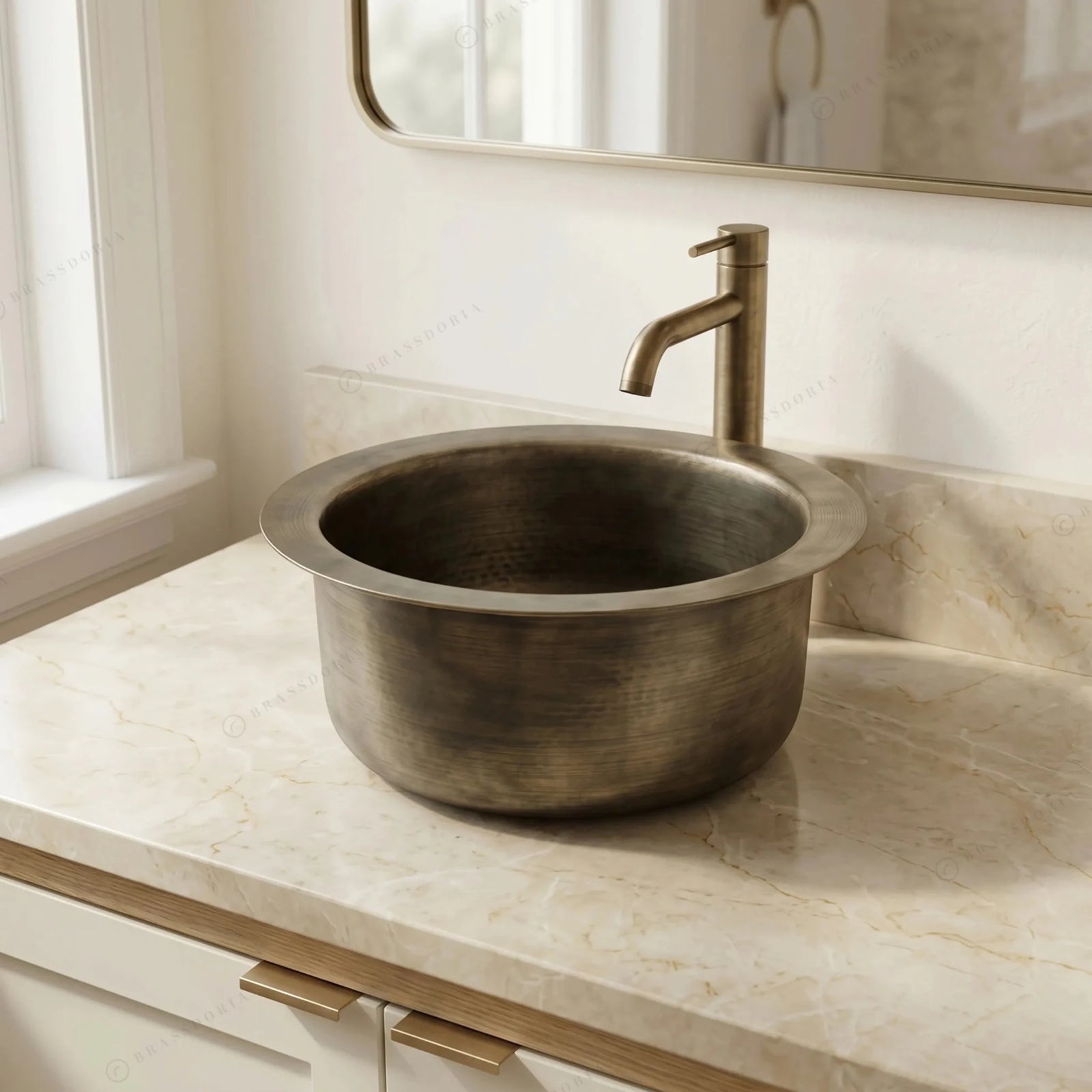 Hand-Hammered Round Brass Sink with Bronze Finish – Wet Bar & Compact Kitchen Basin - BRASSDORIA