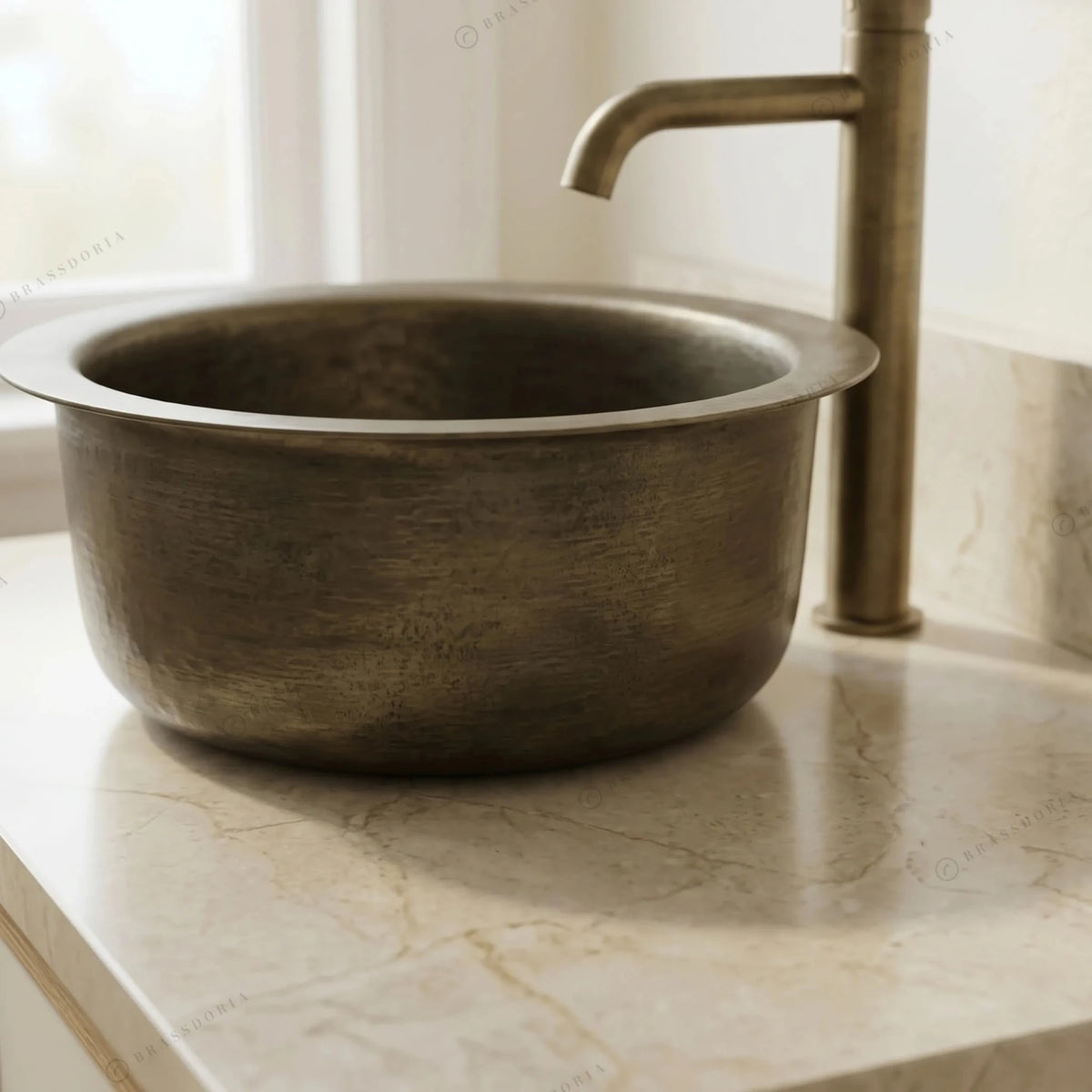 Hand-Hammered Round Brass Sink with Bronze Finish – Wet Bar & Compact Kitchen Basin - BRASSDORIA