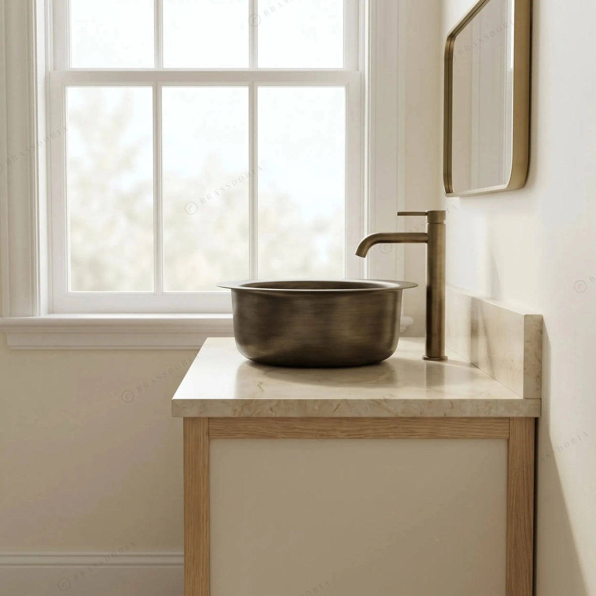 Hand-Hammered Round Brass Sink with Bronze Finish – Wet Bar & Compact Kitchen Basin - BRASSDORIA