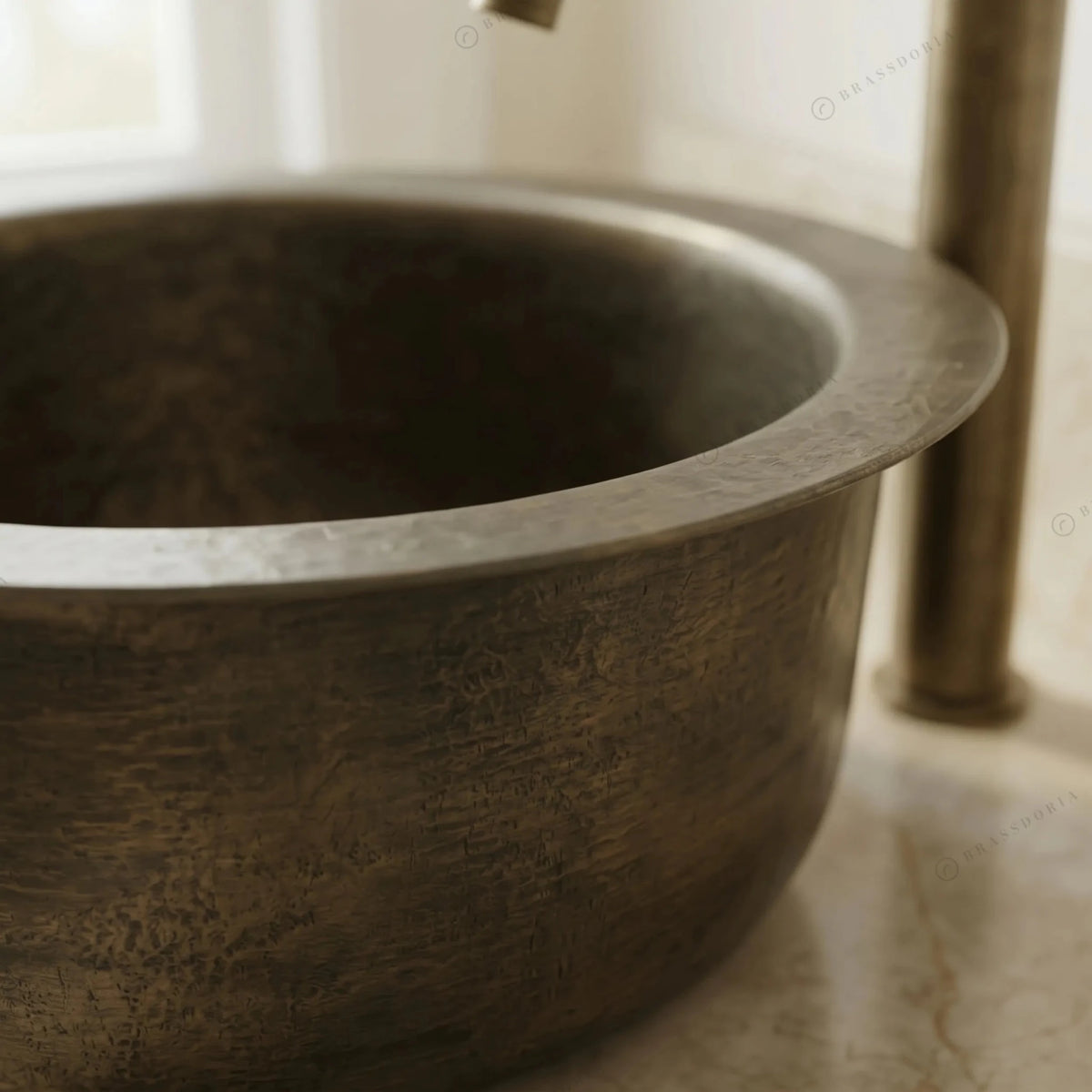 Hand-Hammered Round Brass Sink with Bronze Finish – Wet Bar & Compact Kitchen Basin - BRASSDORIA