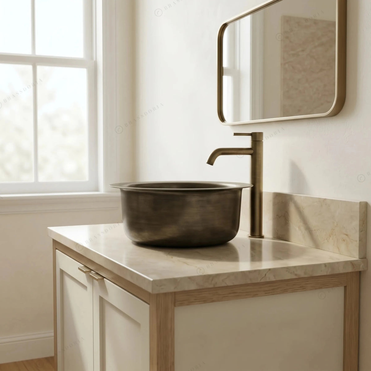 Hand-Hammered Round Brass Sink with Bronze Finish – Wet Bar & Compact Kitchen Basin - BRASSDORIA