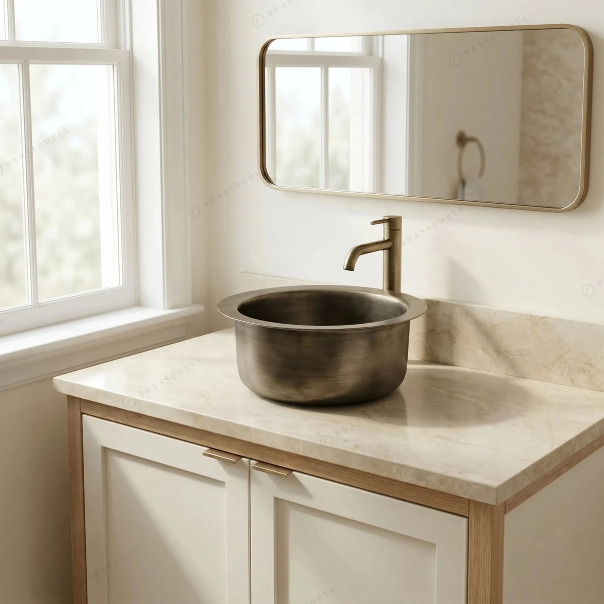 Hand-Hammered Round Brass Sink with Bronze Finish – Wet Bar & Compact Kitchen Basin - BRASSDORIA