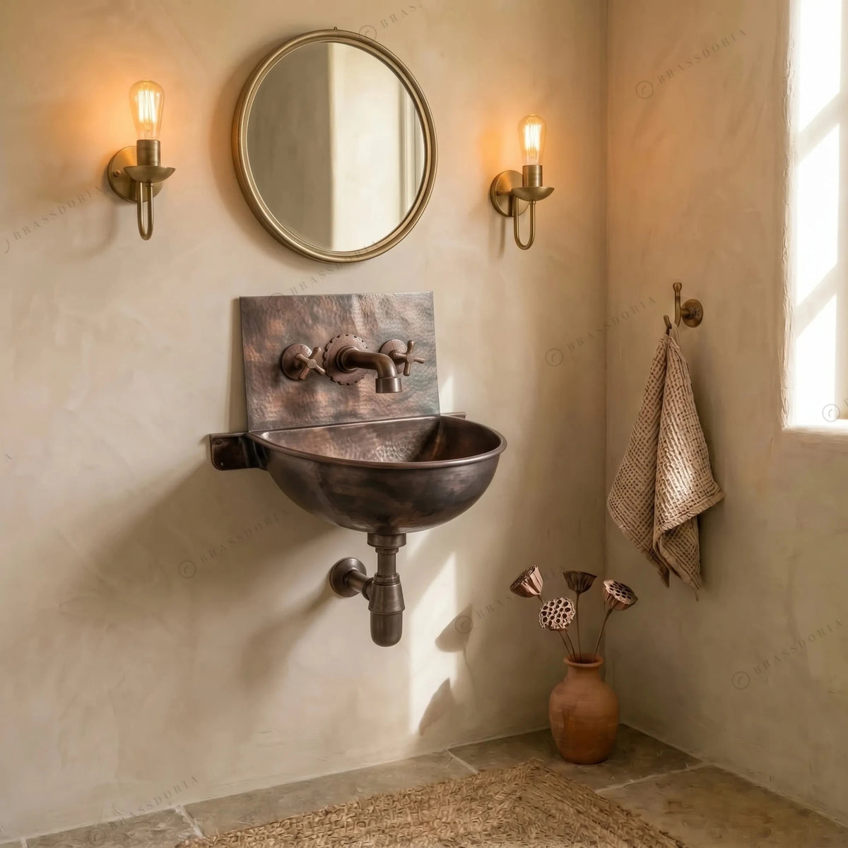Handcrafted Hammered Copper Hung Basin with Mixer Faucet – Wall-Mounted Copper Sink Set - BRASSDORIA