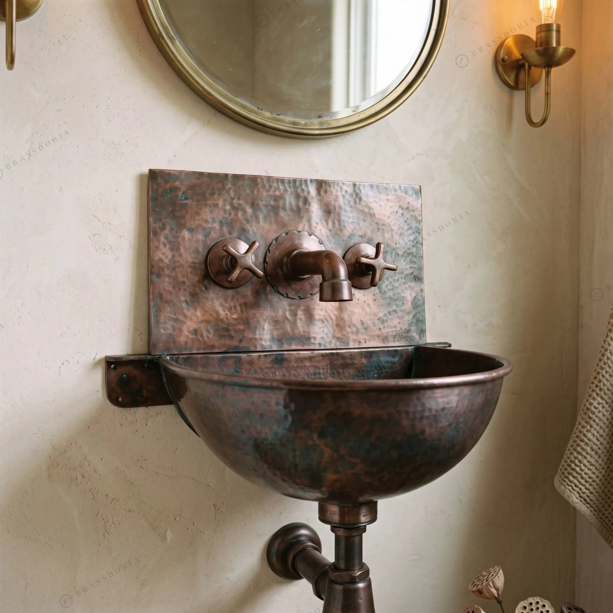 Handcrafted Hammered Copper Hung Basin with Mixer Faucet – Wall-Mounted Copper Sink Set - BRASSDORIA
