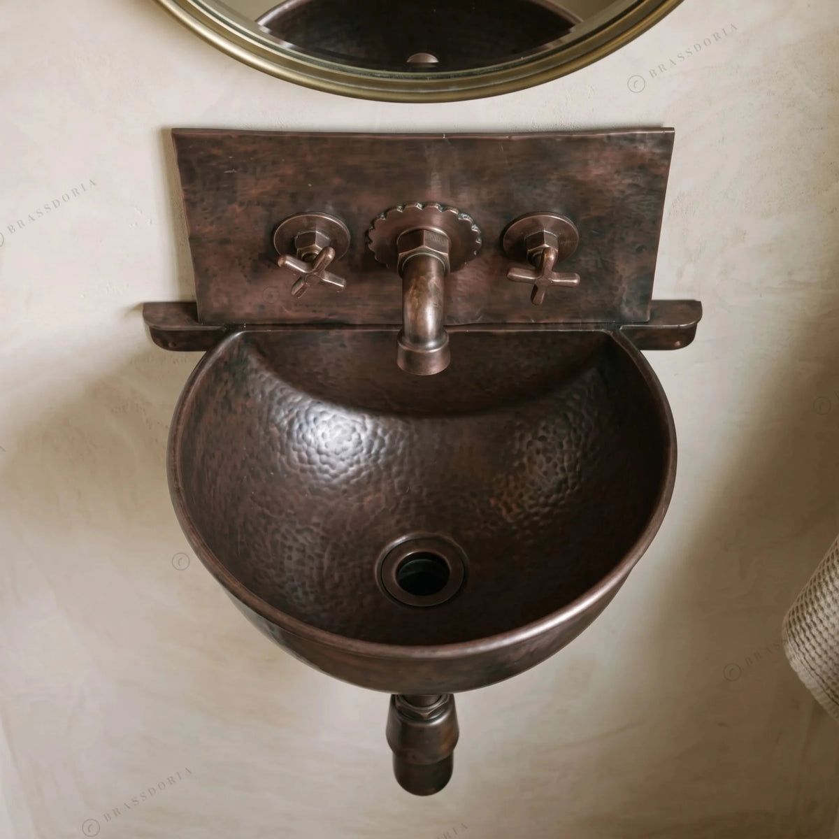 Handcrafted Hammered Copper Hung Basin with Mixer Faucet – Wall-Mounted Copper Sink Set - BRASSDORIA