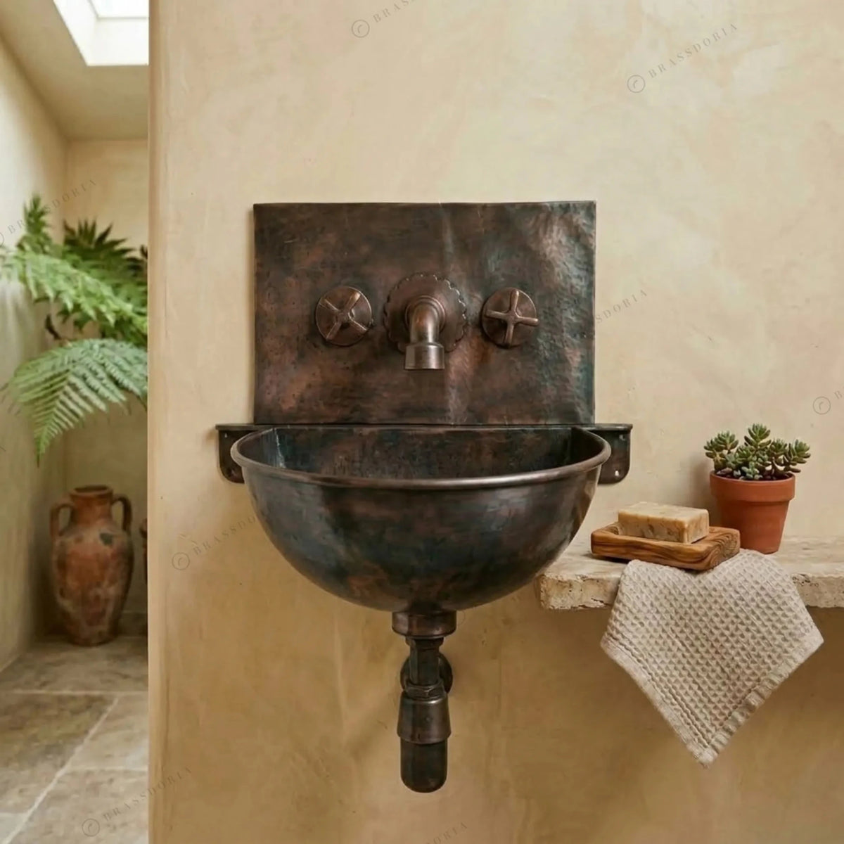 Handcrafted Hammered Copper Hung Basin with Mixer Faucet – Wall-Mounted Copper Sink Set - BRASSDORIA