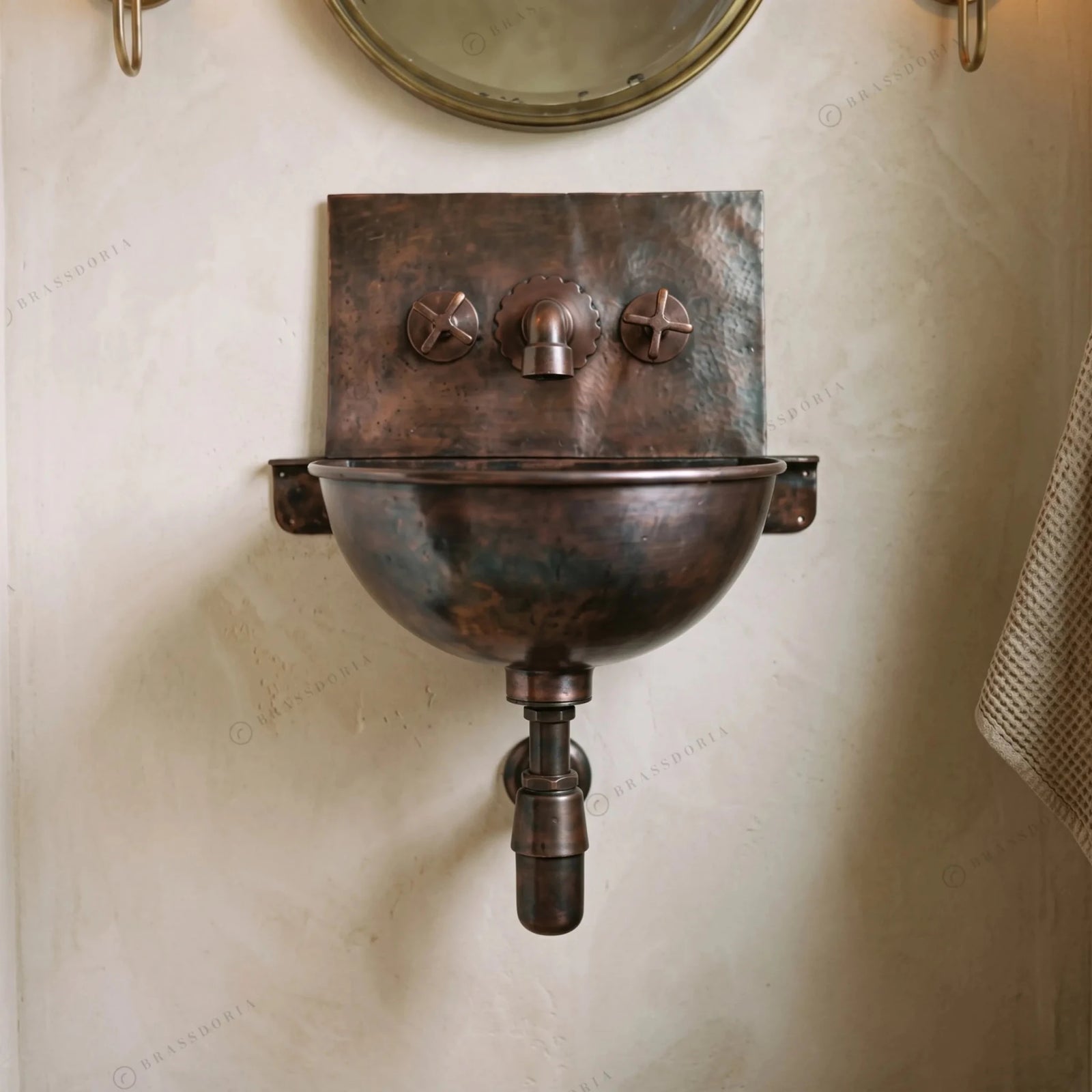 Handcrafted Hammered Copper Hung Basin with Mixer Faucet – Wall-Mounted Copper Sink Set - BRASSDORIA