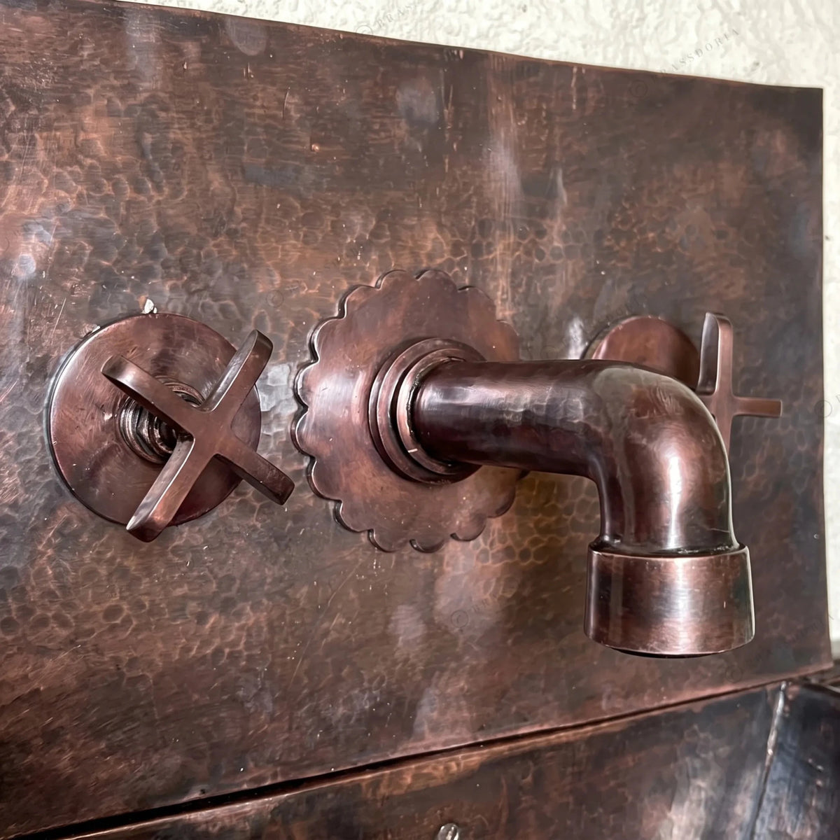 Handcrafted Hammered Copper Hung Basin with Mixer Faucet – Wall-Mounted Copper Sink Set - BRASSDORIA