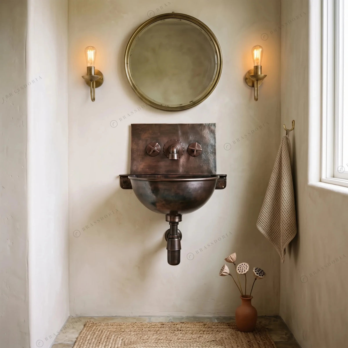 Handcrafted Hammered Copper Hung Basin with Mixer Faucet – Wall-Mounted Copper Sink Set - BRASSDORIA