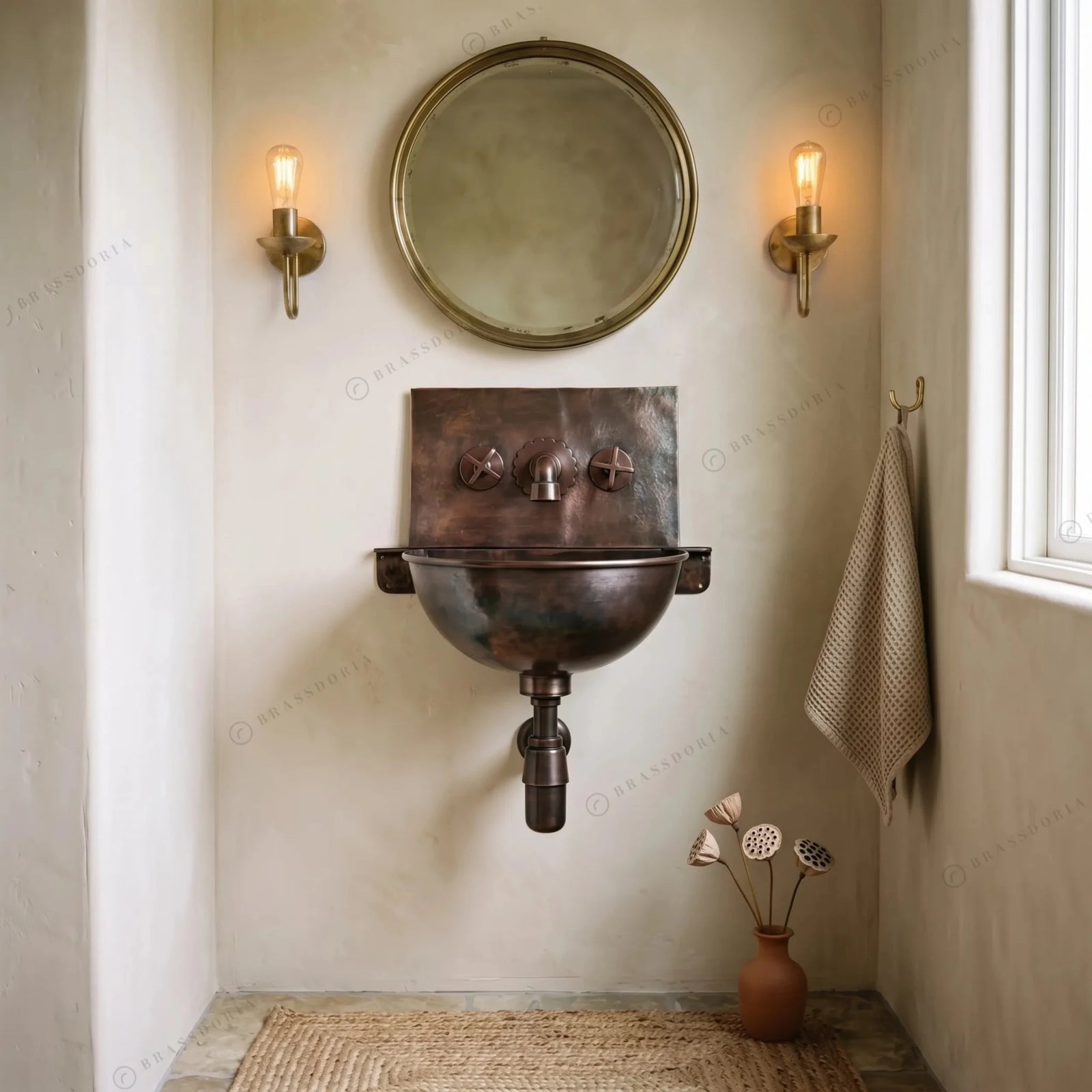 Handcrafted Hammered Copper Hung Basin with Mixer Faucet – Wall-Mounted Copper Sink Set - BRASSDORIA
