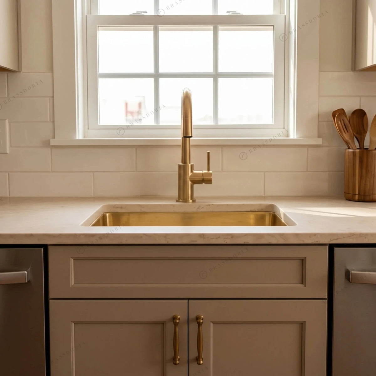 Handcrafted Undermount Brass Bar Sink – Square Kitchen Prep Basin with Drain - BRASSDORIA
