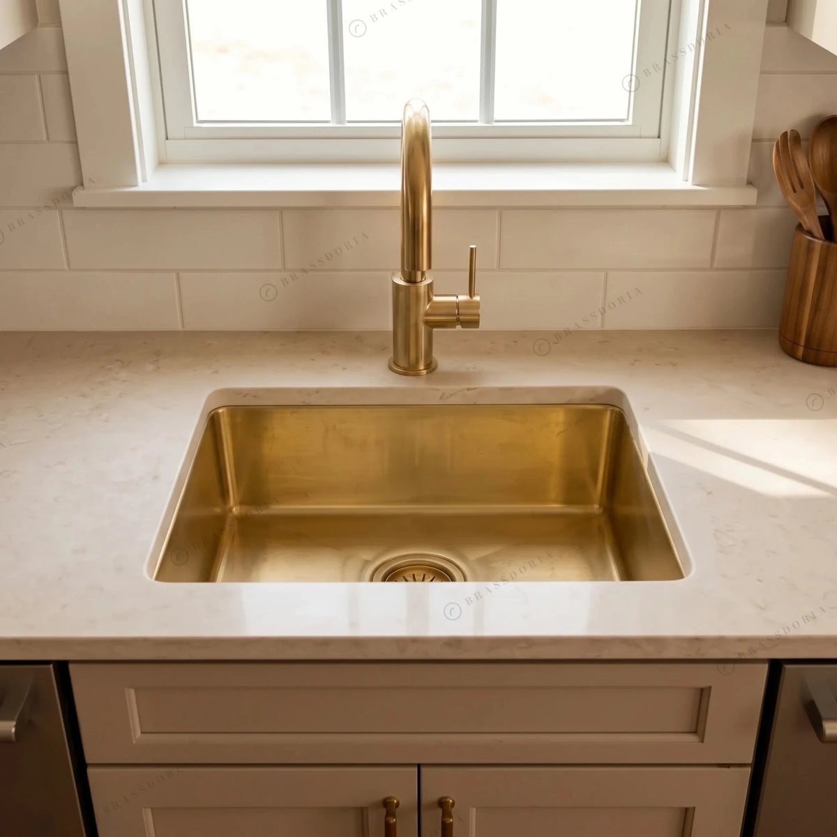Handcrafted Undermount Brass Bar Sink – Square Kitchen Prep Basin with Drain - BRASSDORIA