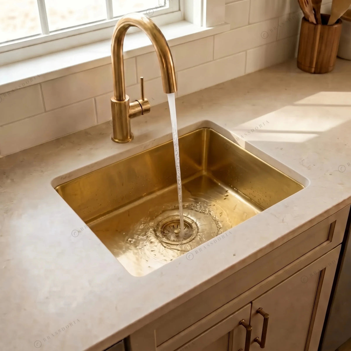 Handcrafted Undermount Brass Bar Sink – Square Kitchen Prep Basin with Drain - BRASSDORIA
