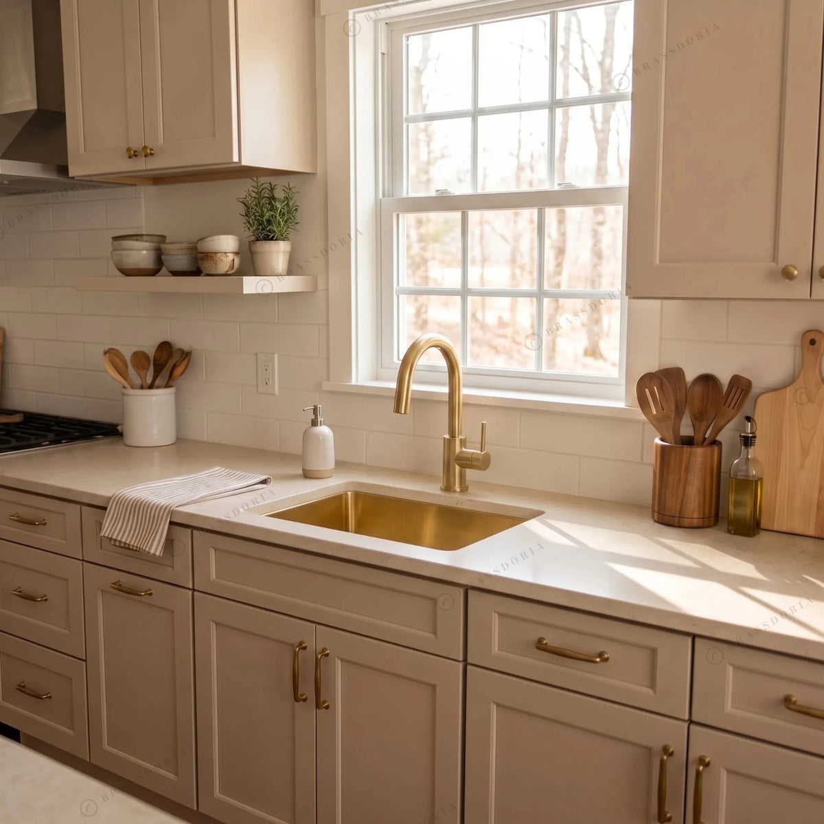 Handcrafted Undermount Brass Bar Sink – Square Kitchen Prep Basin with Drain - BRASSDORIA