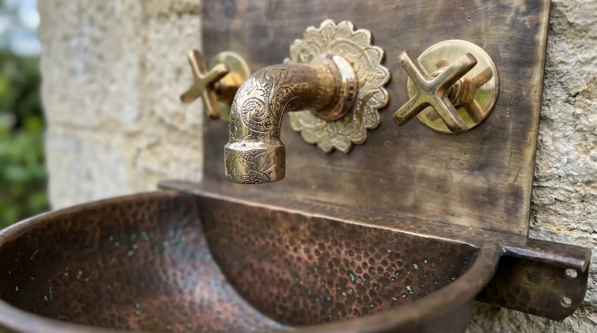 Handmade Aged Copper Wall Mount Sink Faucet, Solid Copper Bathroom Basin, Rustic Moroccan Vanity - BRASSDORIA
