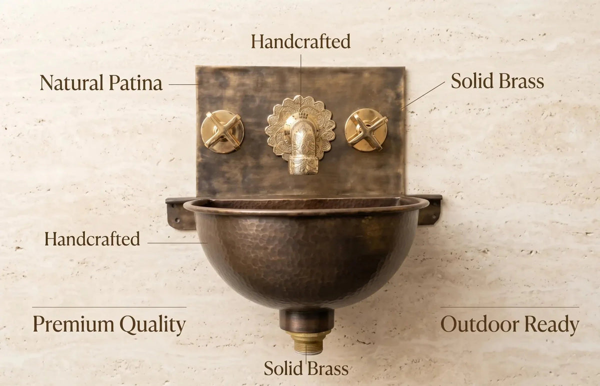 Handmade Aged Copper Wall Mount Sink Faucet, Solid Copper Bathroom Basin, Rustic Moroccan Vanity - BRASSDORIA