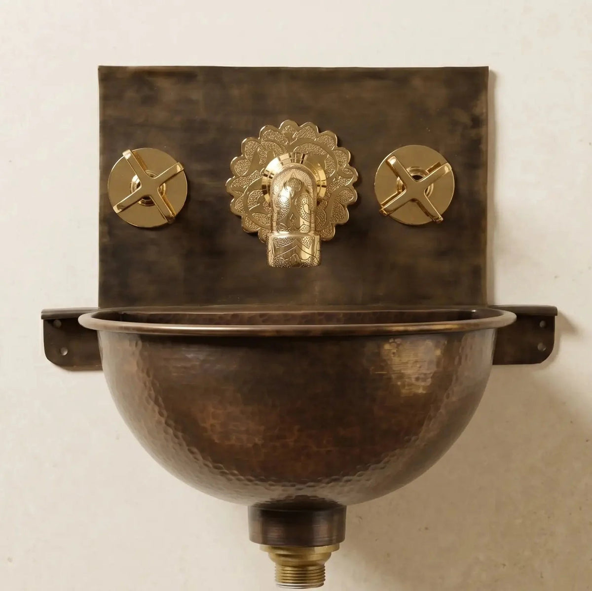 Handmade Aged Copper Wall Mount Sink Faucet, Solid Copper Bathroom Basin, Rustic Moroccan Vanity - BRASSDORIA
