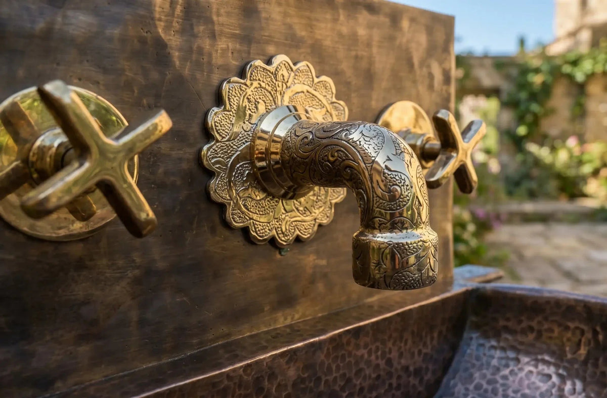 Handmade Aged Copper Wall Mount Sink Faucet, Solid Copper Bathroom Basin, Rustic Moroccan Vanity - BRASSDORIA