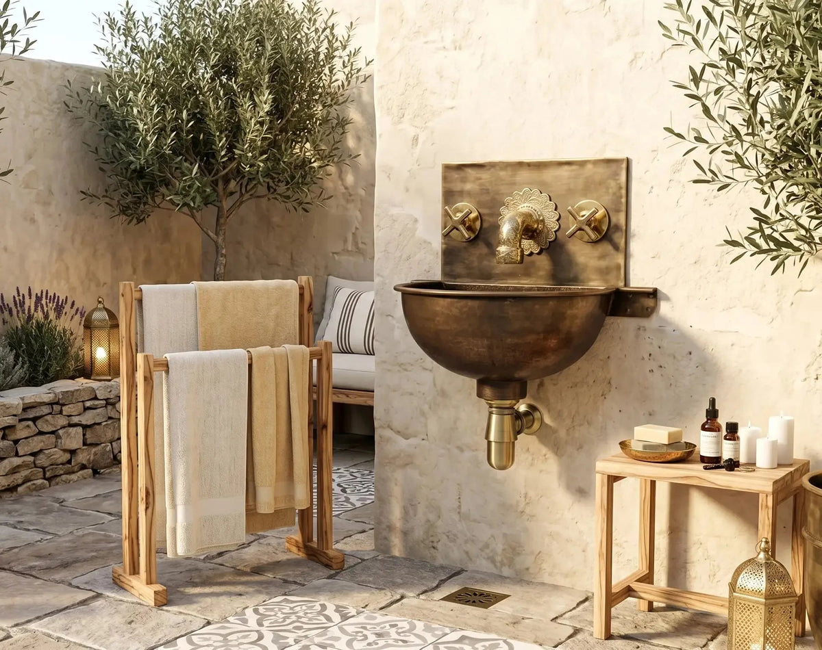 Handmade Aged Copper Wall Mount Sink Faucet, Solid Copper Bathroom Basin, Rustic Moroccan Vanity - BRASSDORIA
