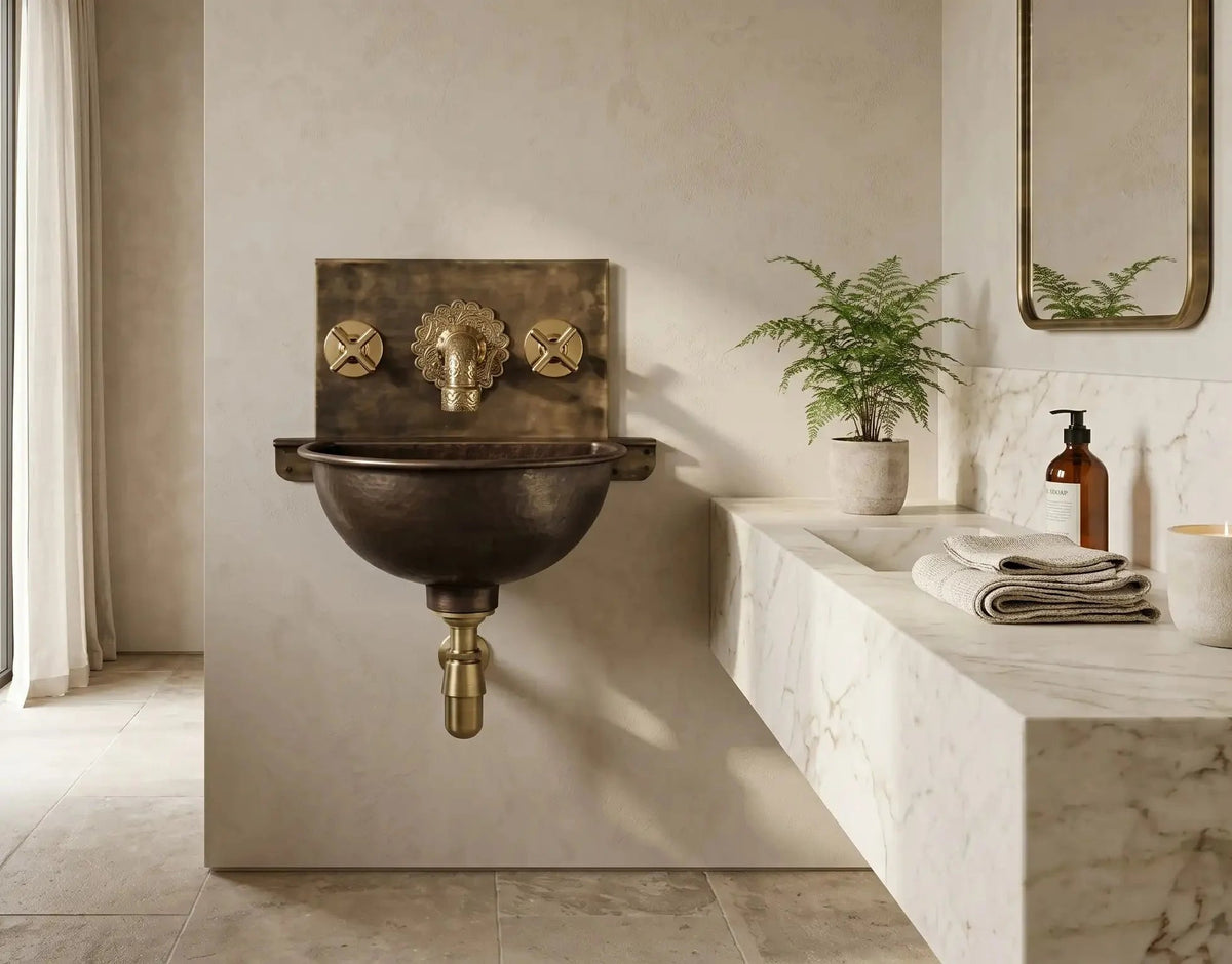 Handmade Aged Copper Wall Mount Sink Faucet, Solid Copper Bathroom Basin, Rustic Moroccan Vanity - BRASSDORIA
