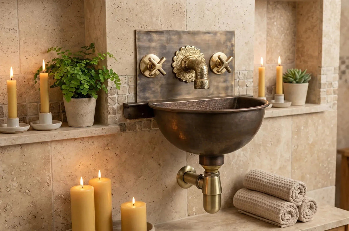 Handmade Aged Copper Wall Mount Sink Faucet, Solid Copper Bathroom Basin, Rustic Moroccan Vanity - BRASSDORIA