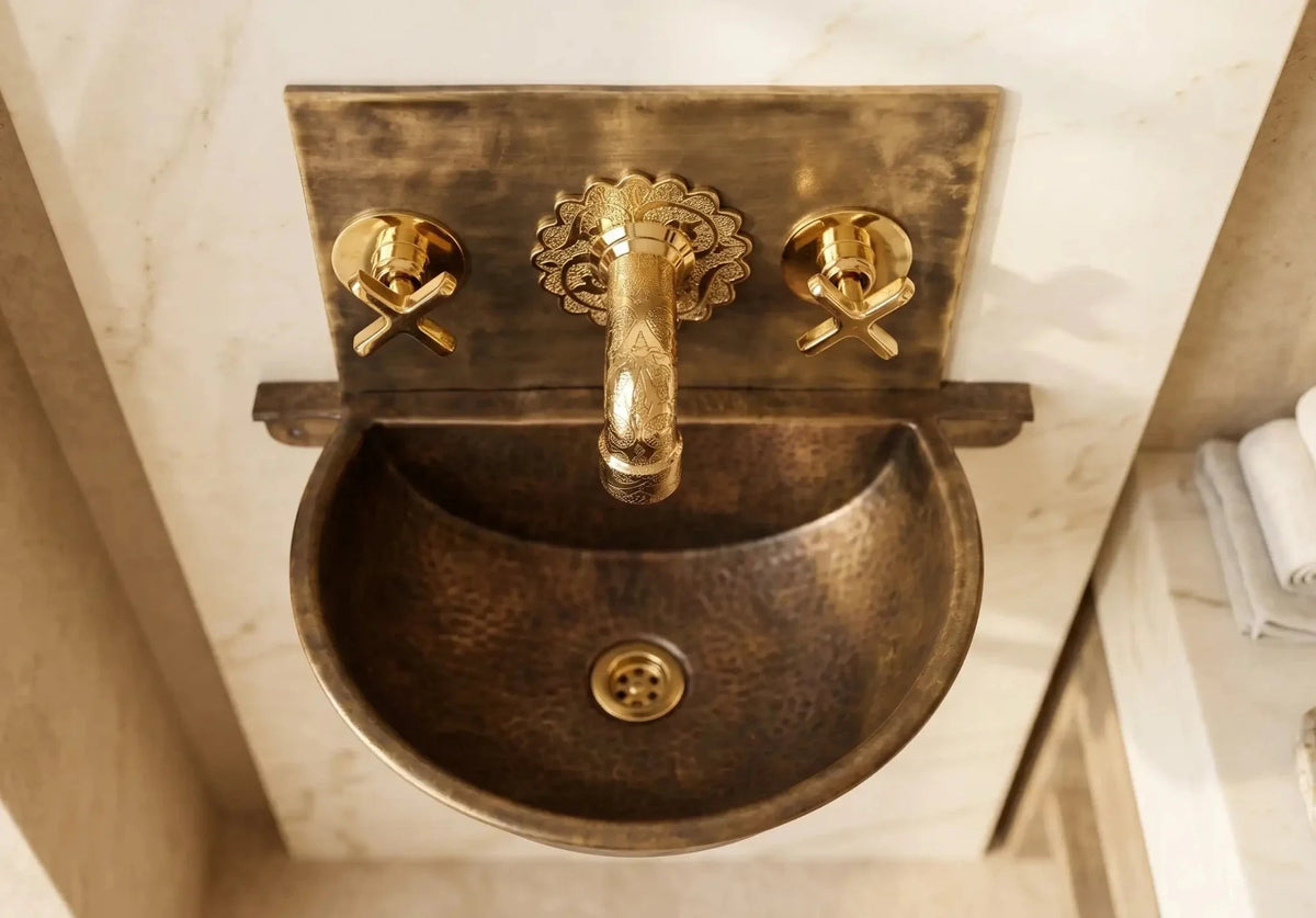 Handmade Aged Copper Wall Mount Sink Faucet, Solid Copper Bathroom Basin, Rustic Moroccan Vanity - BRASSDORIA