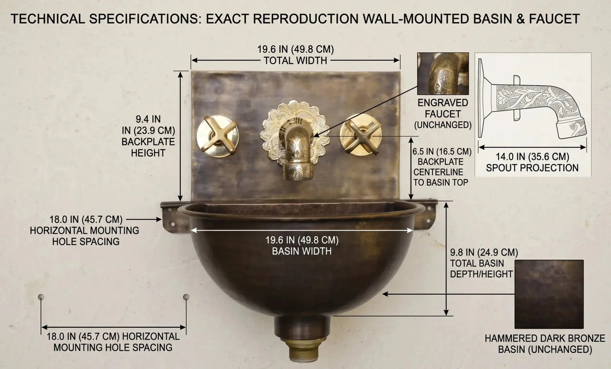 Handmade Aged Copper Wall Mount Sink Faucet, Solid Copper Bathroom Basin, Rustic Moroccan Vanity - BRASSDORIA