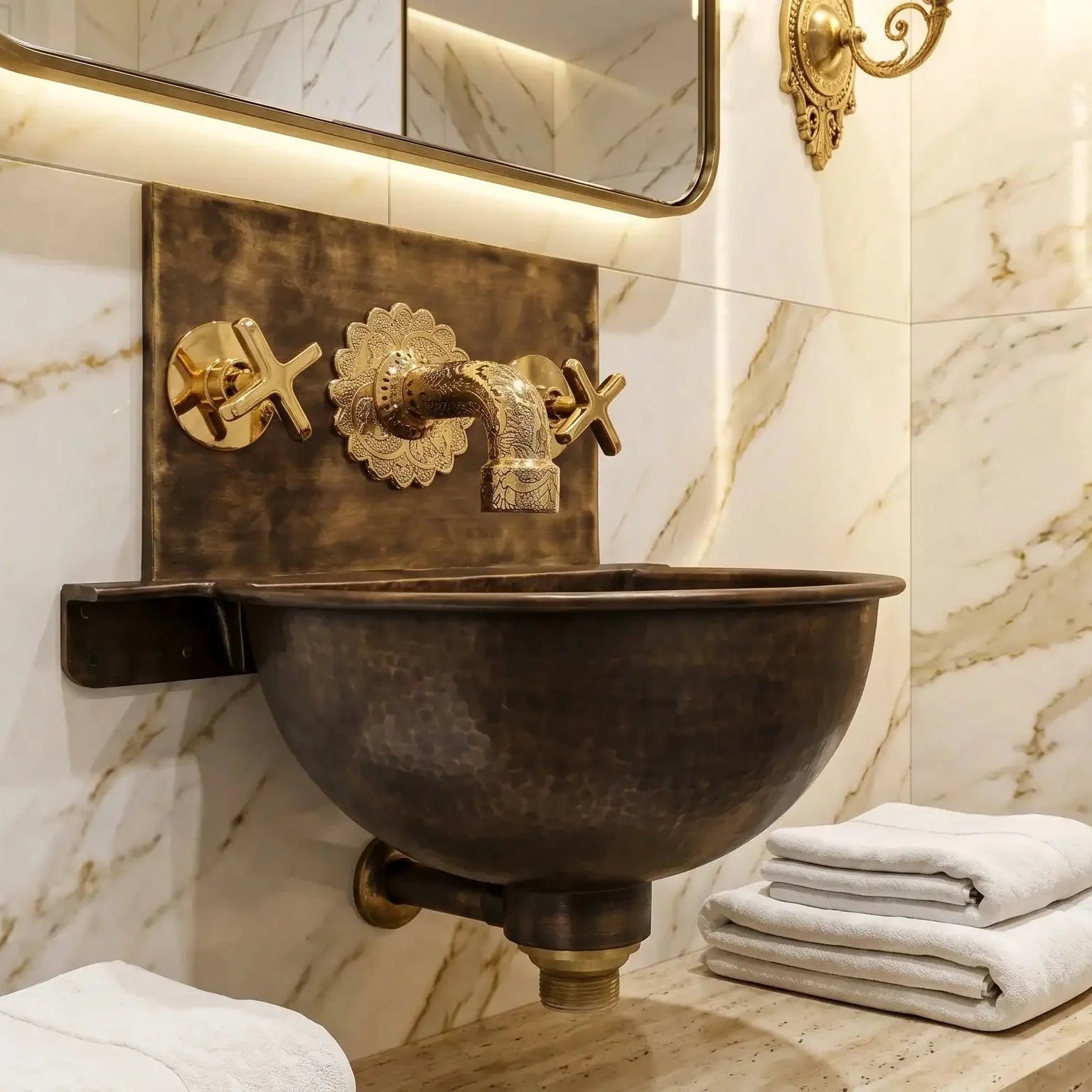 Handmade Aged Copper Wall Mount Sink Faucet, Solid Copper Bathroom Basin, Rustic Moroccan Vanity - BRASSDORIA